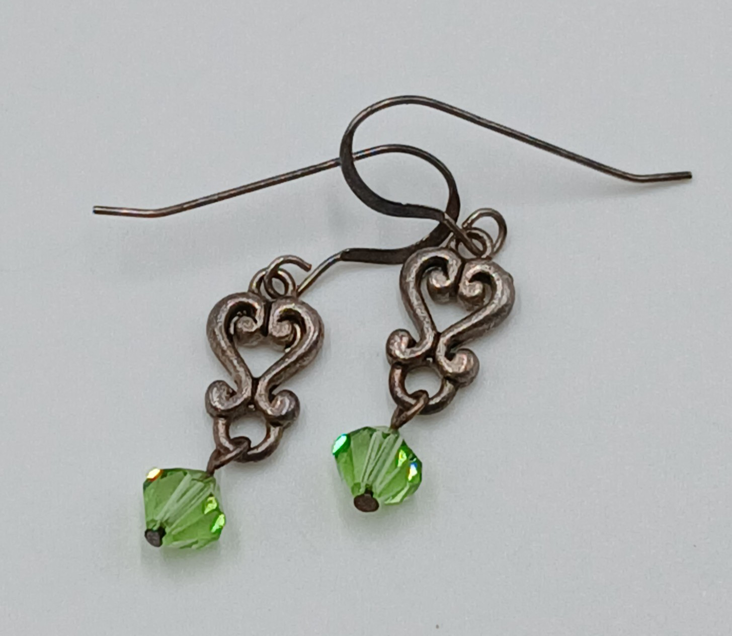 VTG 925 Green Bicone Crystal Earrings 1.25in Drop Sterling Silver Heart Scroll