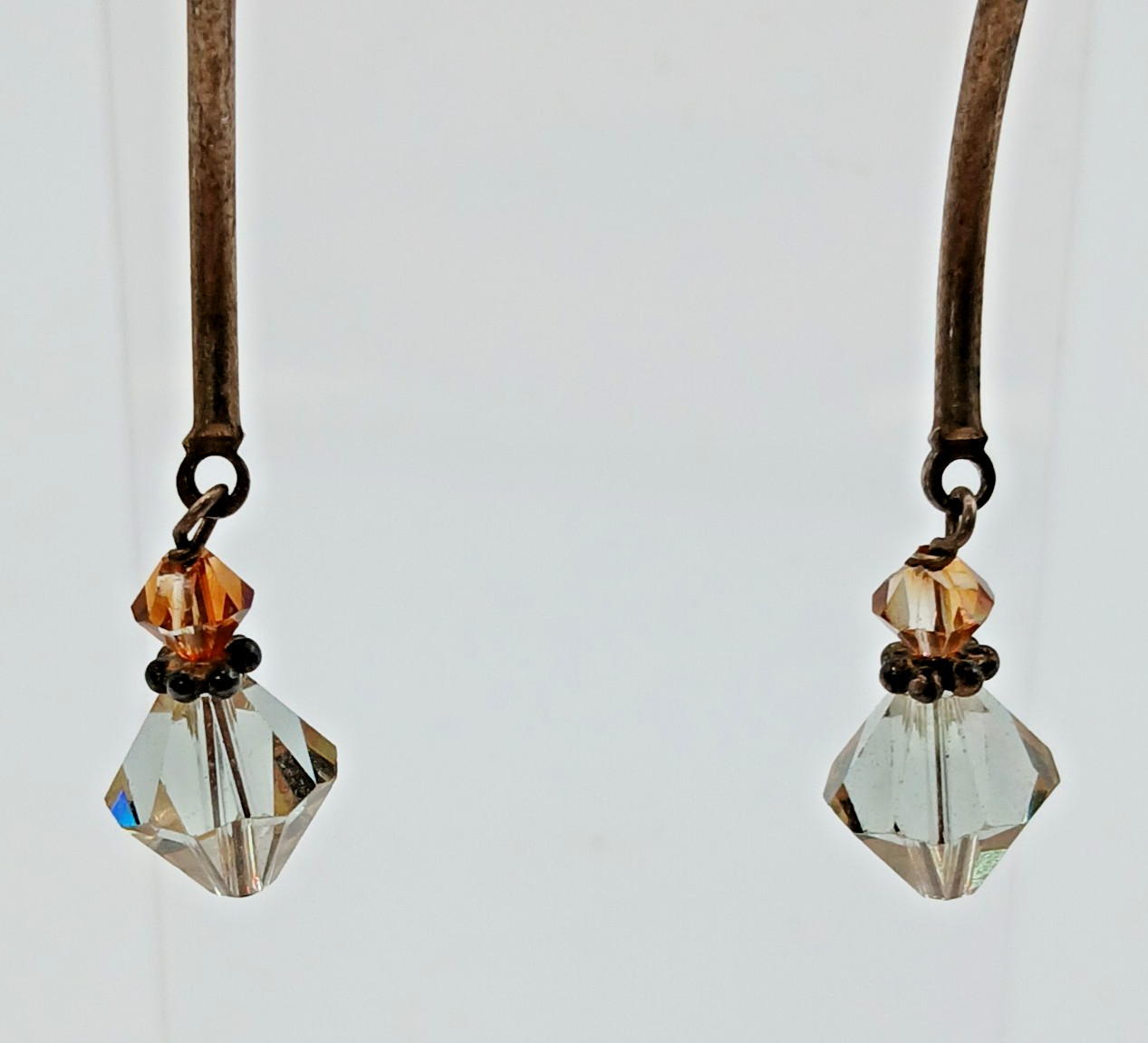 925 Crystal Drop Earrings 1.75in Sterling Silver 2g Aqua Blue Amber Tone Bicone