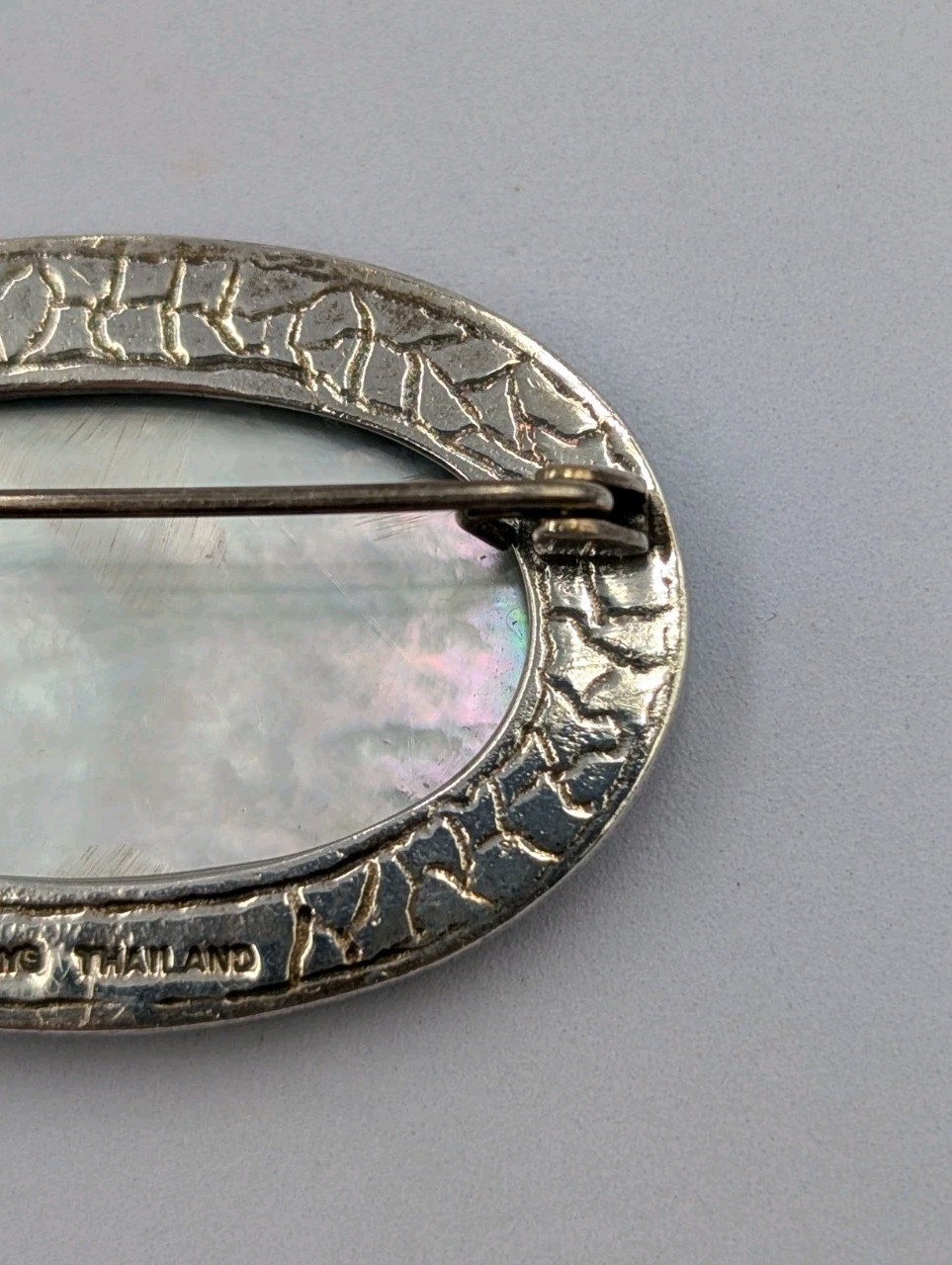 MYG Vintage Sterling Silver Oval Abalone Shell & Marcasite Stone 925 Pin Brooch
