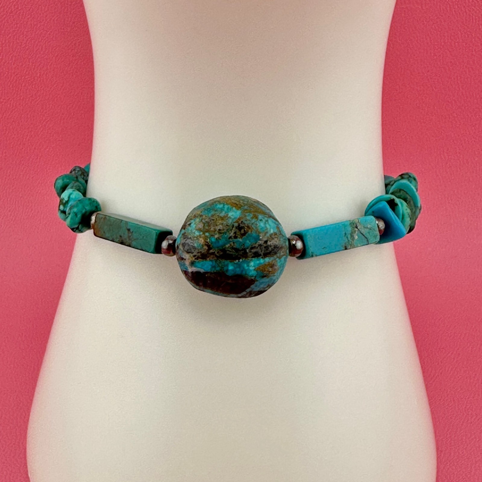 Vintage Turquoise Bead Sterling Silver Bracelet Blue Green South Western 6.25″