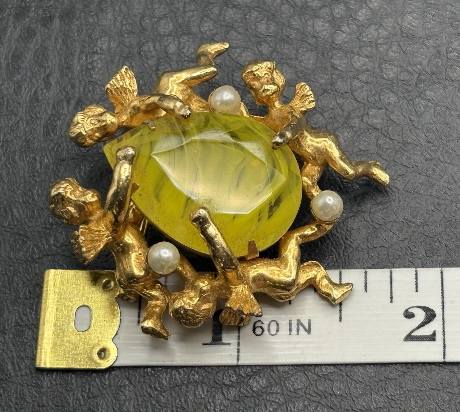 Vintage Jeanne Brooch Cherub Angel Marbled Swirl Yellow Rhinestone Nouveau Style