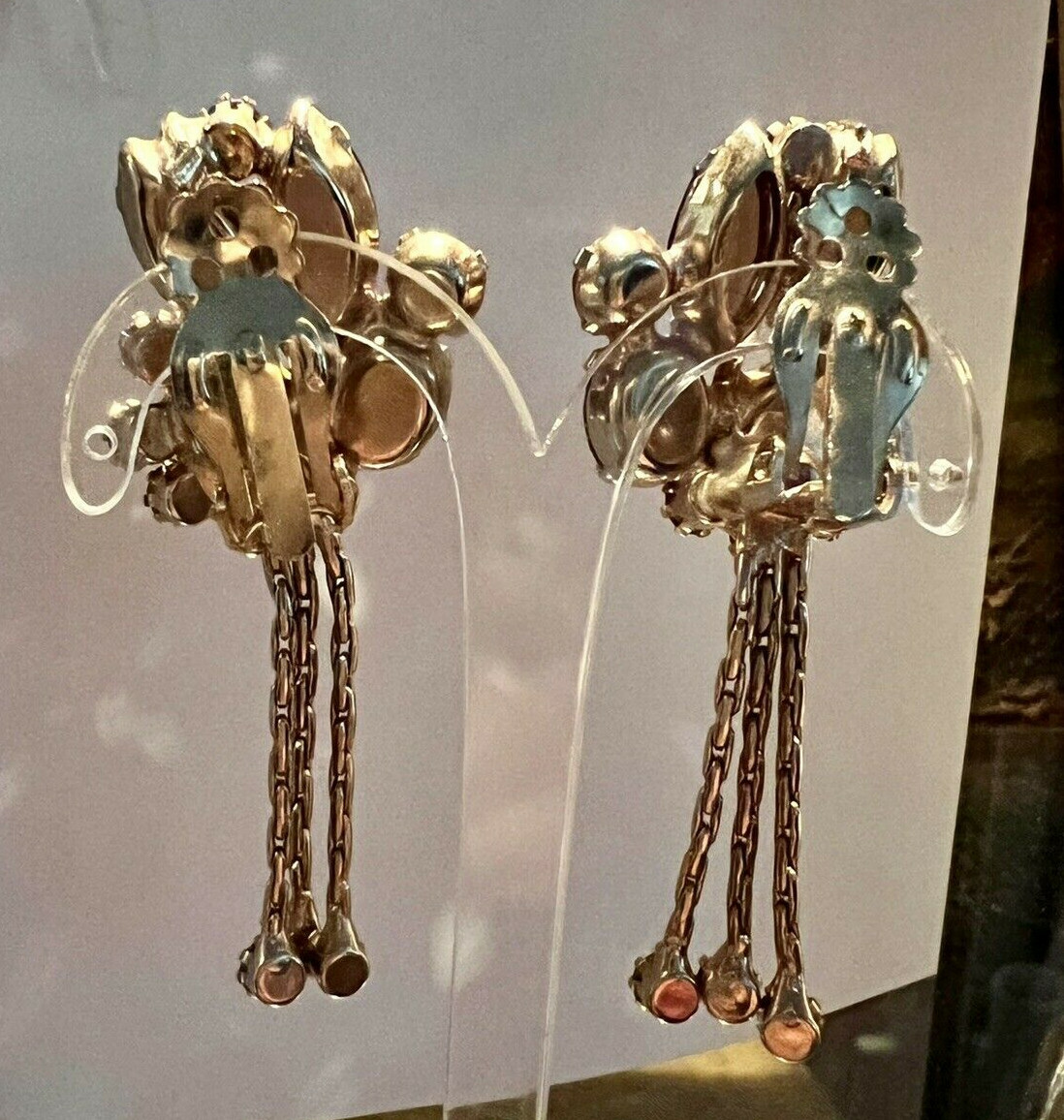 Rare D&E Juliana Hematite Topaz Dangling Chain Rhinestone Drops Brooch Earrings