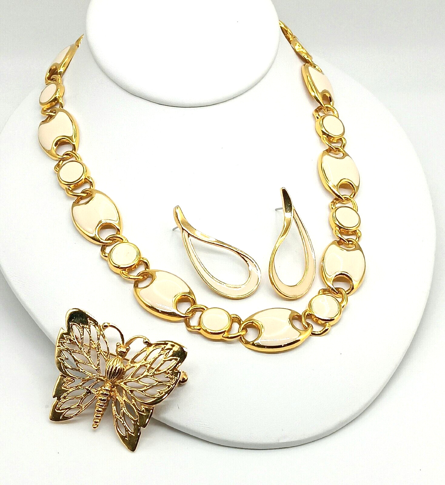 Ivory and Gold Tone Jewelry Lot , Necklace, Earrings, Butterfly Pin / Brooch