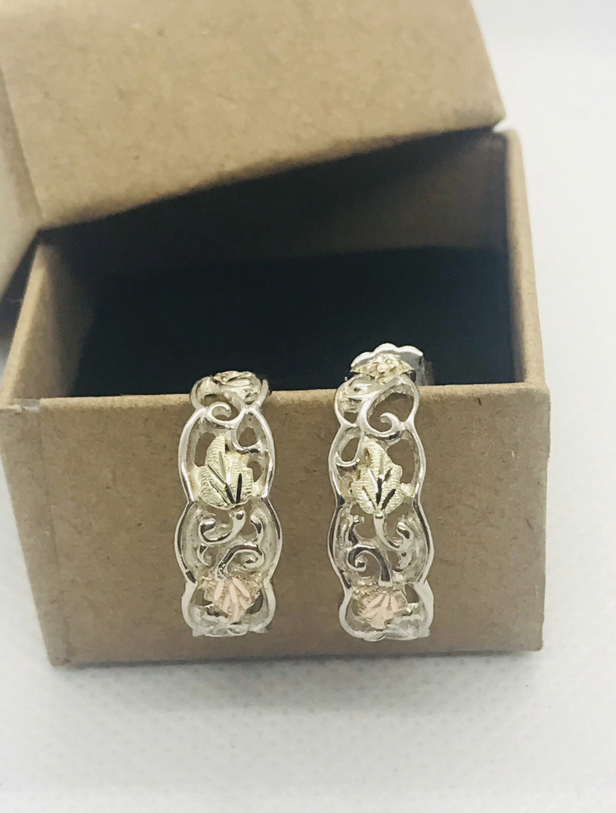 Vintage 9Karat Yellow & Rose Gold Silver Leaf Half Hoop Push Back Earrings