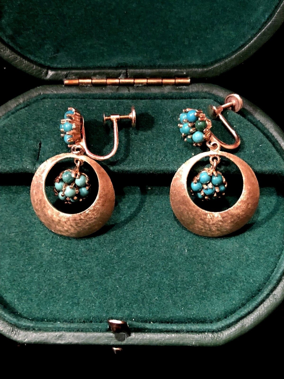 Antique C.1920 Art Deco 14k Gold Persian Turquoise Clip On Dangle Earrings