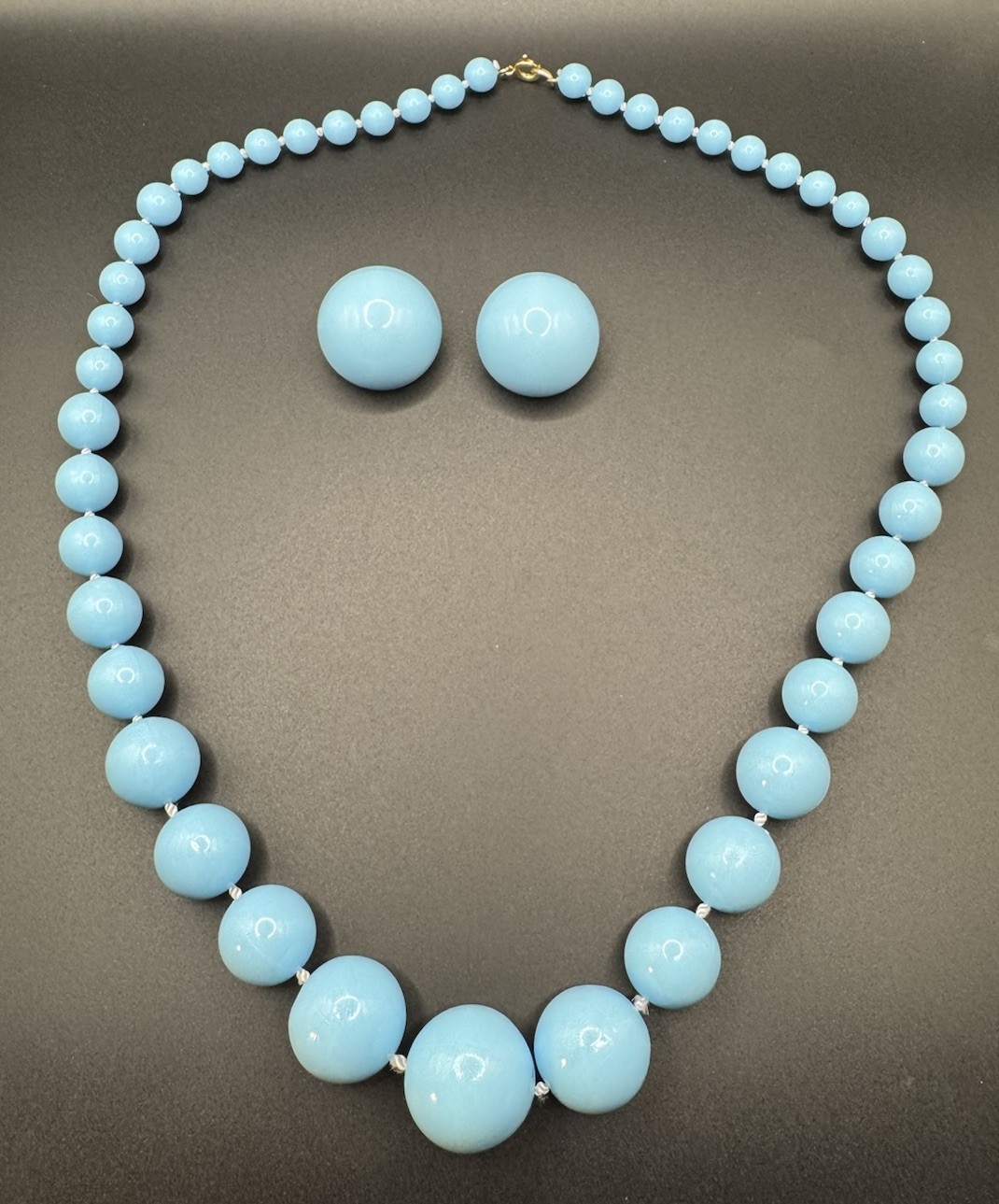 Signed Baby Blue Lucite Beaded Necklace Clip on Earrings Beautiful Set MCM