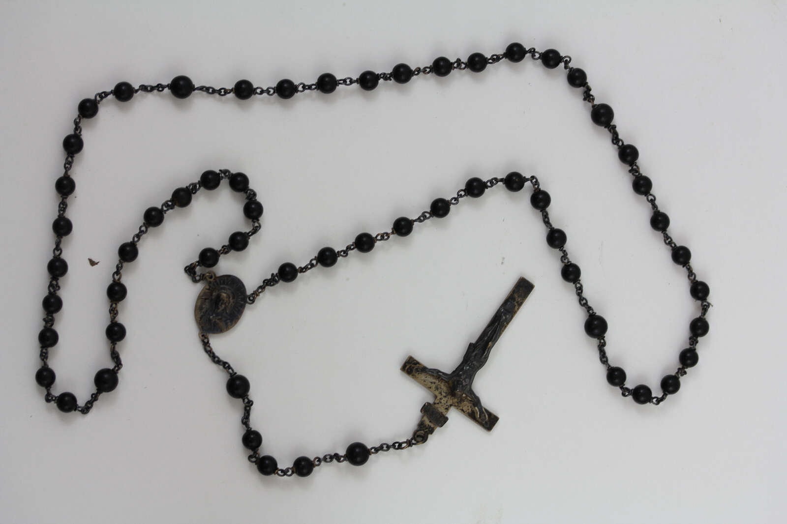 ANTIQUE ROSARY BLACK BEADS CROSS CRUCIFIX STERLING SILVER CHAIN 925 PRAYER