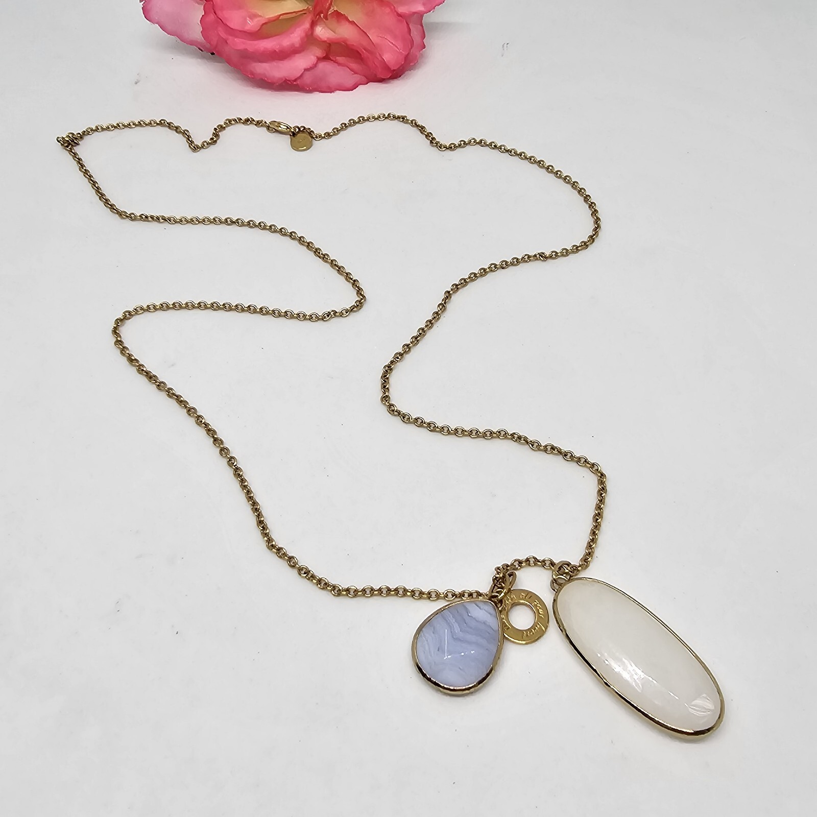STELLA & DOT Gold Pink Blue Agate stone Charm Pendant Chain Necklace