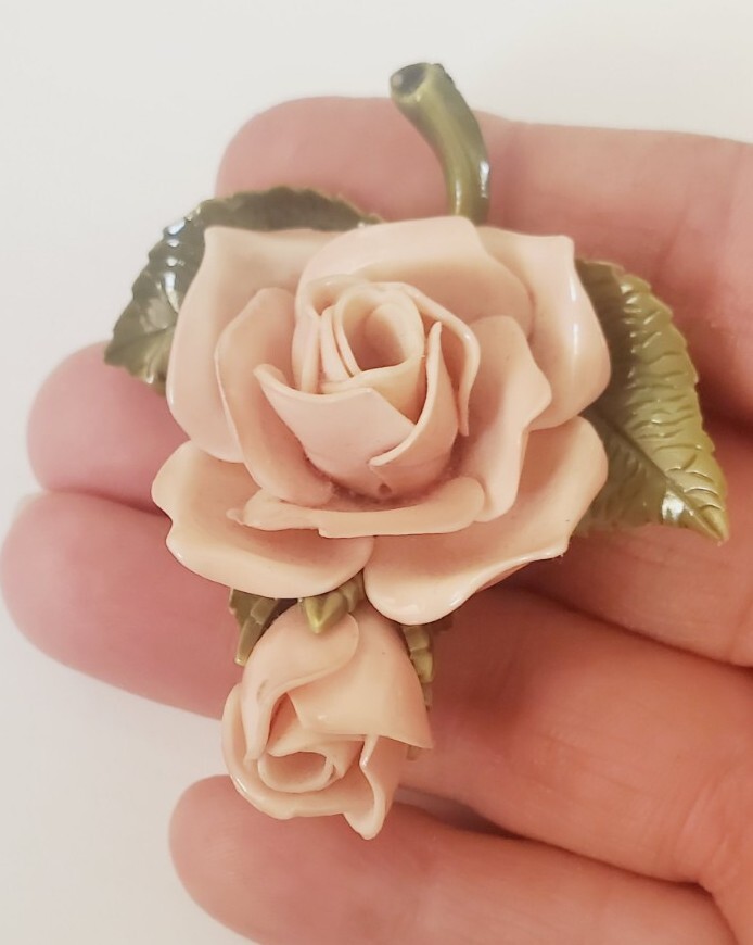 Vintage Celluloid Brooch Rose Painted Muted Pink Rosettes Green Leaves 3D