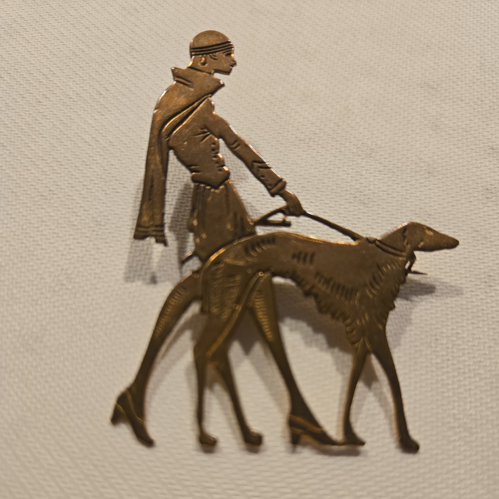 Rare Vogue 1920,s Art Deco Lady walking dog gold tone pin