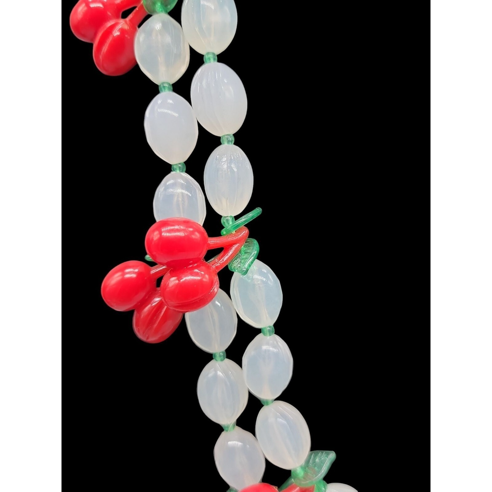 Lucite Cherry 34″ Necklace & 7″ Stretch Bracelet Red Cherries Translucent Beads