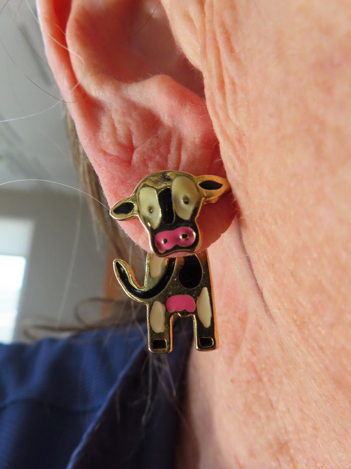 Vintage Charming TWO PART Cow Figural Pierced Earrings