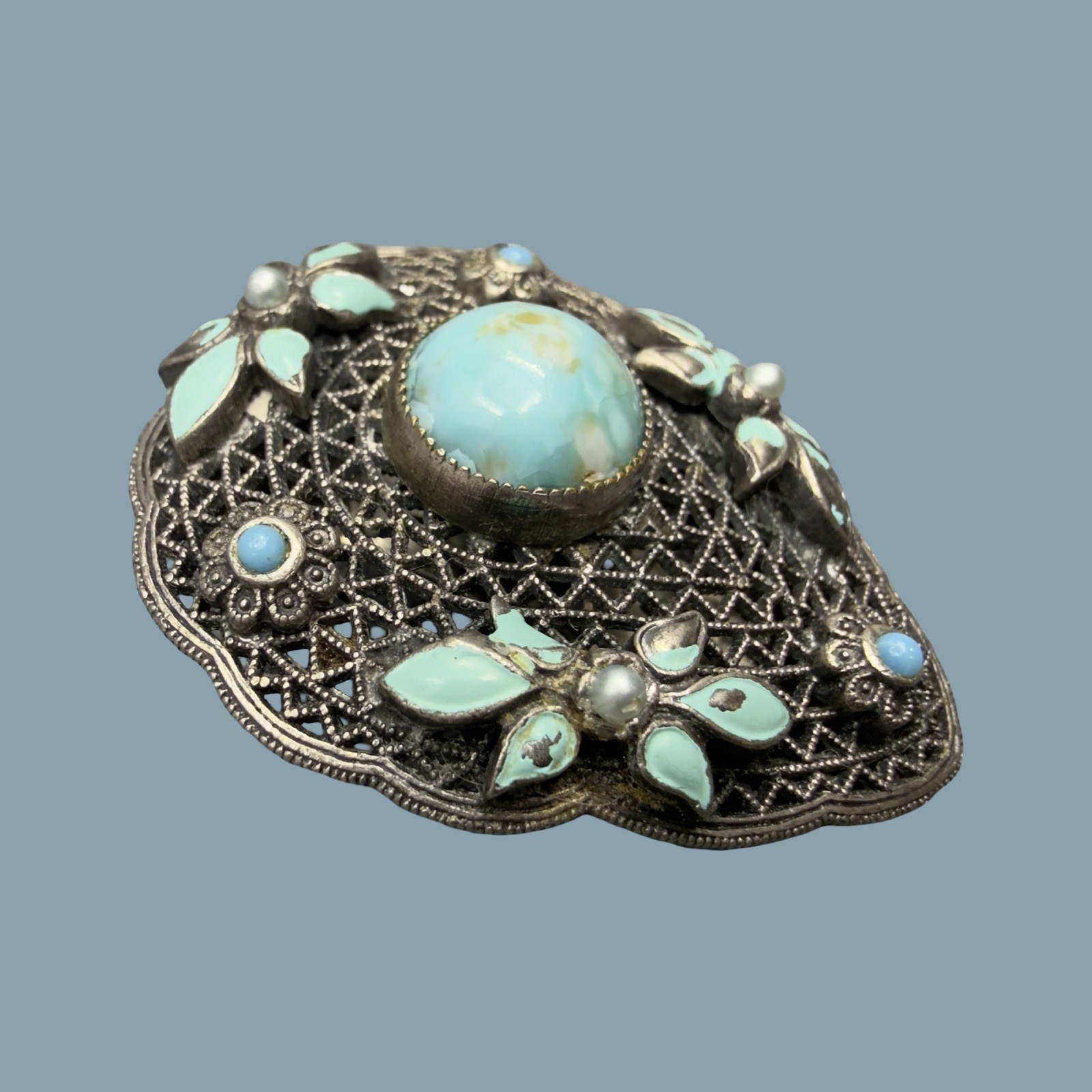 Antique Czech Glass Filigree Enamel Turquoise Blue Fur Dress Clip Brooch NEIGER?