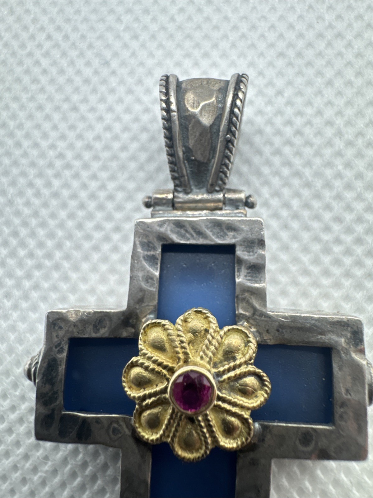 Cross Pendant Blue Glass Sterling Silver 18K Yellow Gold Red Ruby C17