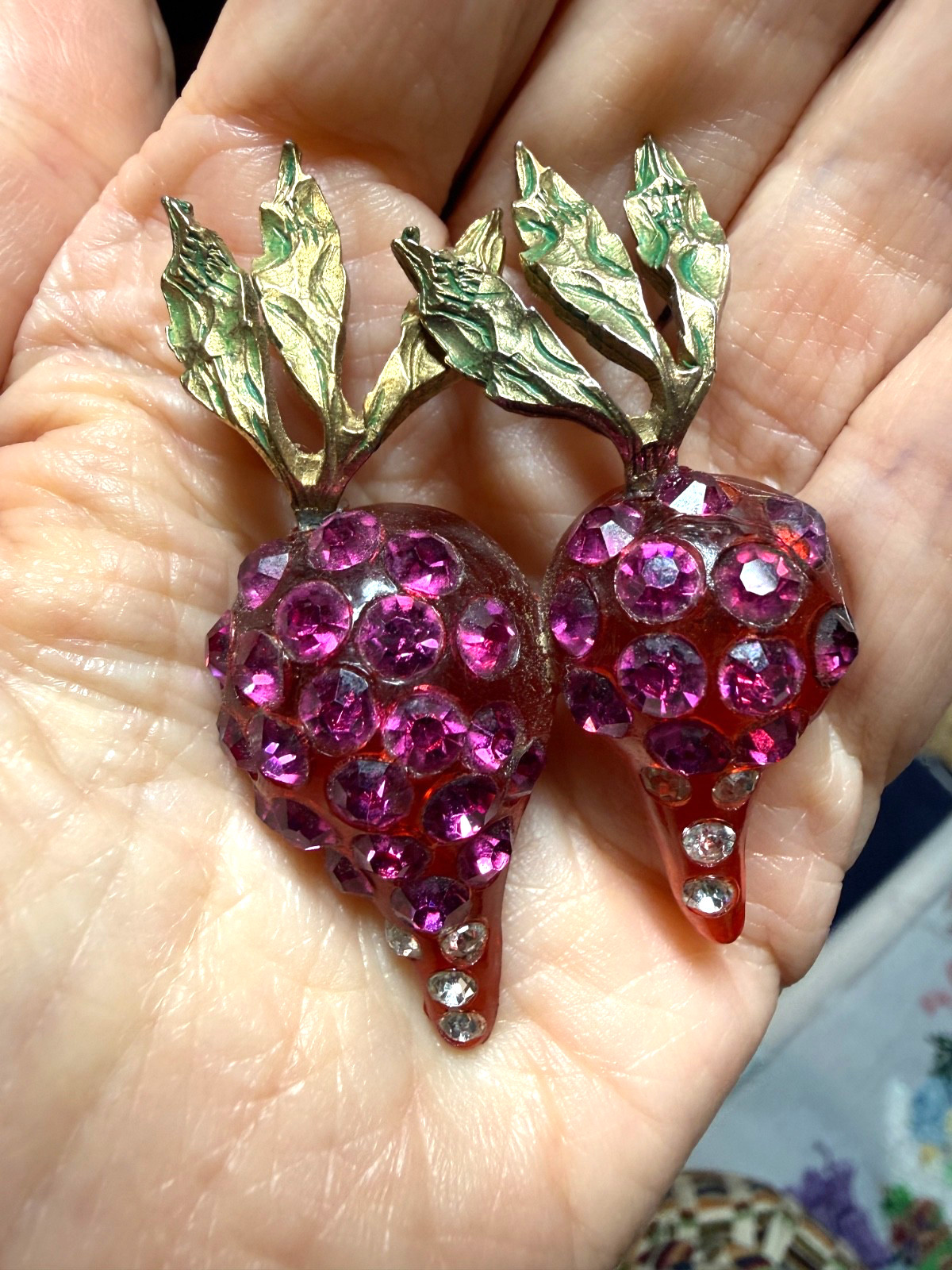 Vintage Forbidden Fruit radish brooch RARE lucite hot pink rhinestones enameled