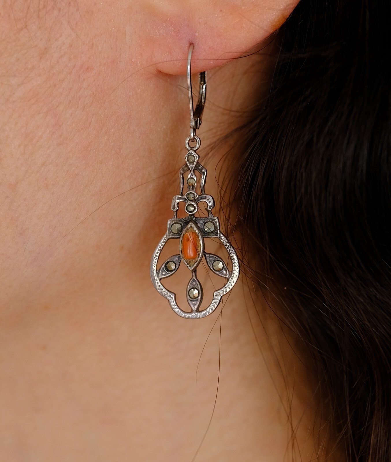 Art Deco Coral & Marcasite Dangle Lever Back Sterling Silver Earrings