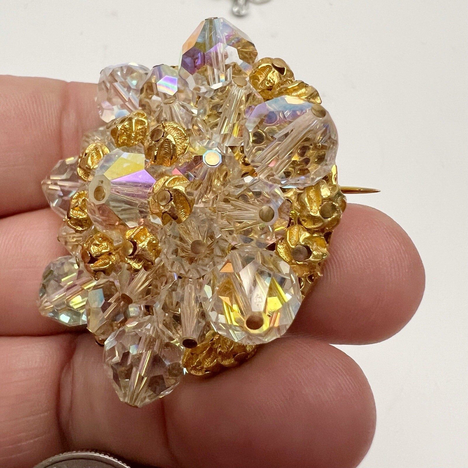 Vintage Clear Faceted AB Crystal Beaded Cluster Round Goldtone Brooch Pin