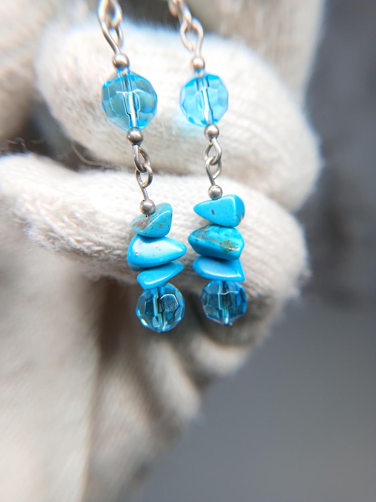 Sterling Silver Turquoise Chip Blue Crystal Dangle Earrings