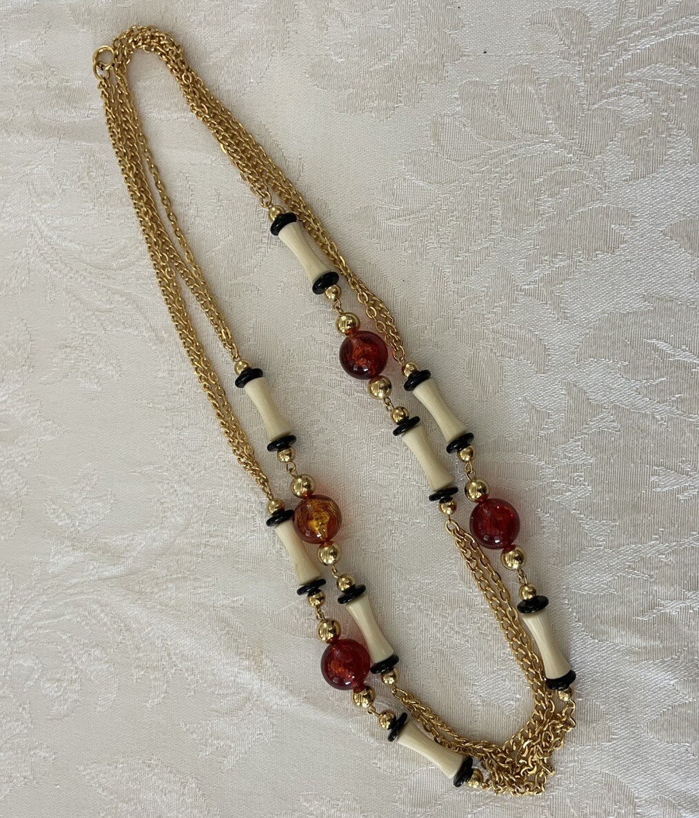 Vintage 24” Gold Tone Black, Cream & Amber Colored Beads Necklace