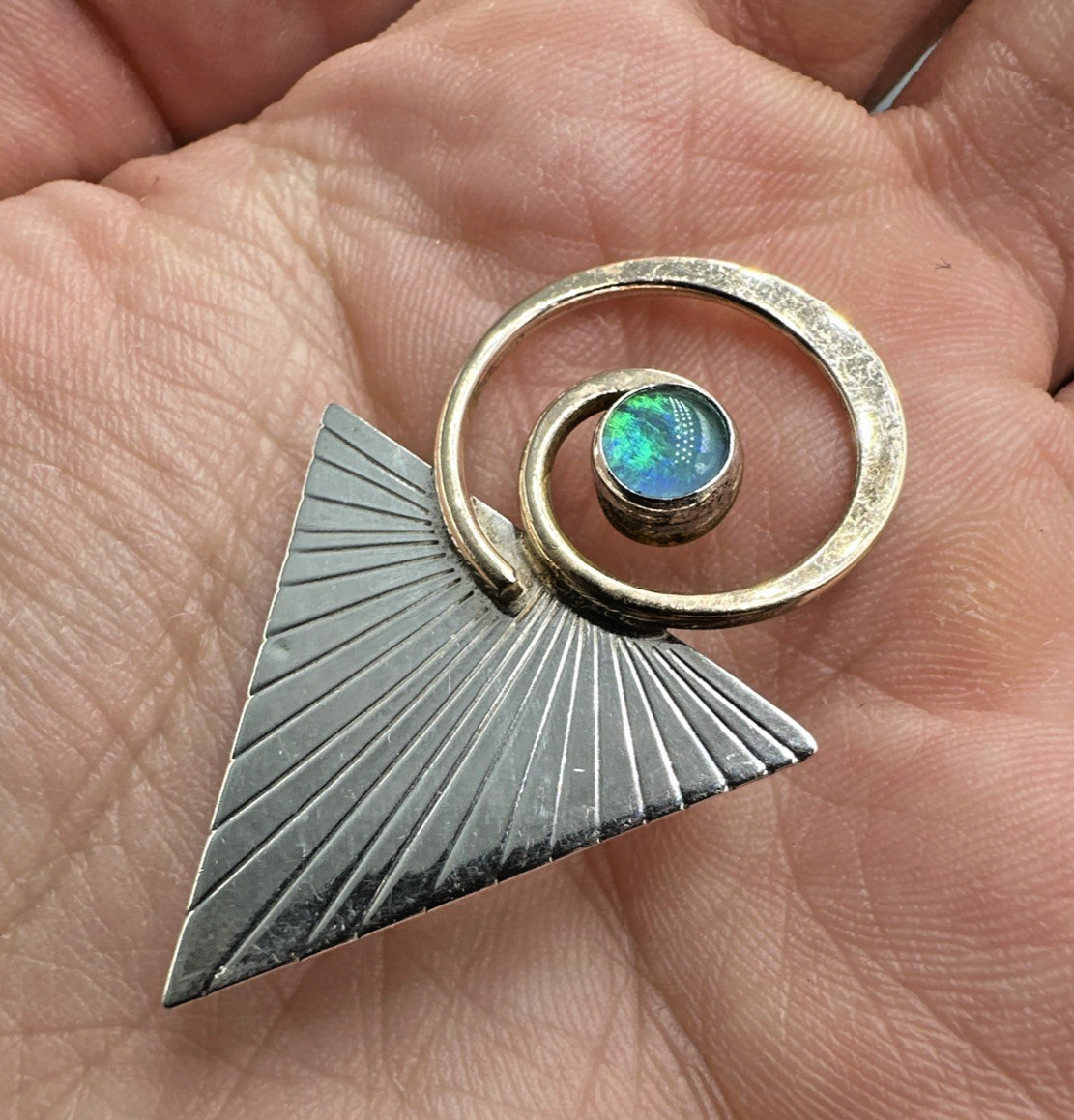 Vtg Abstract Modernist Courtney Peterson Silver Brass and Opal Brooch Pendant