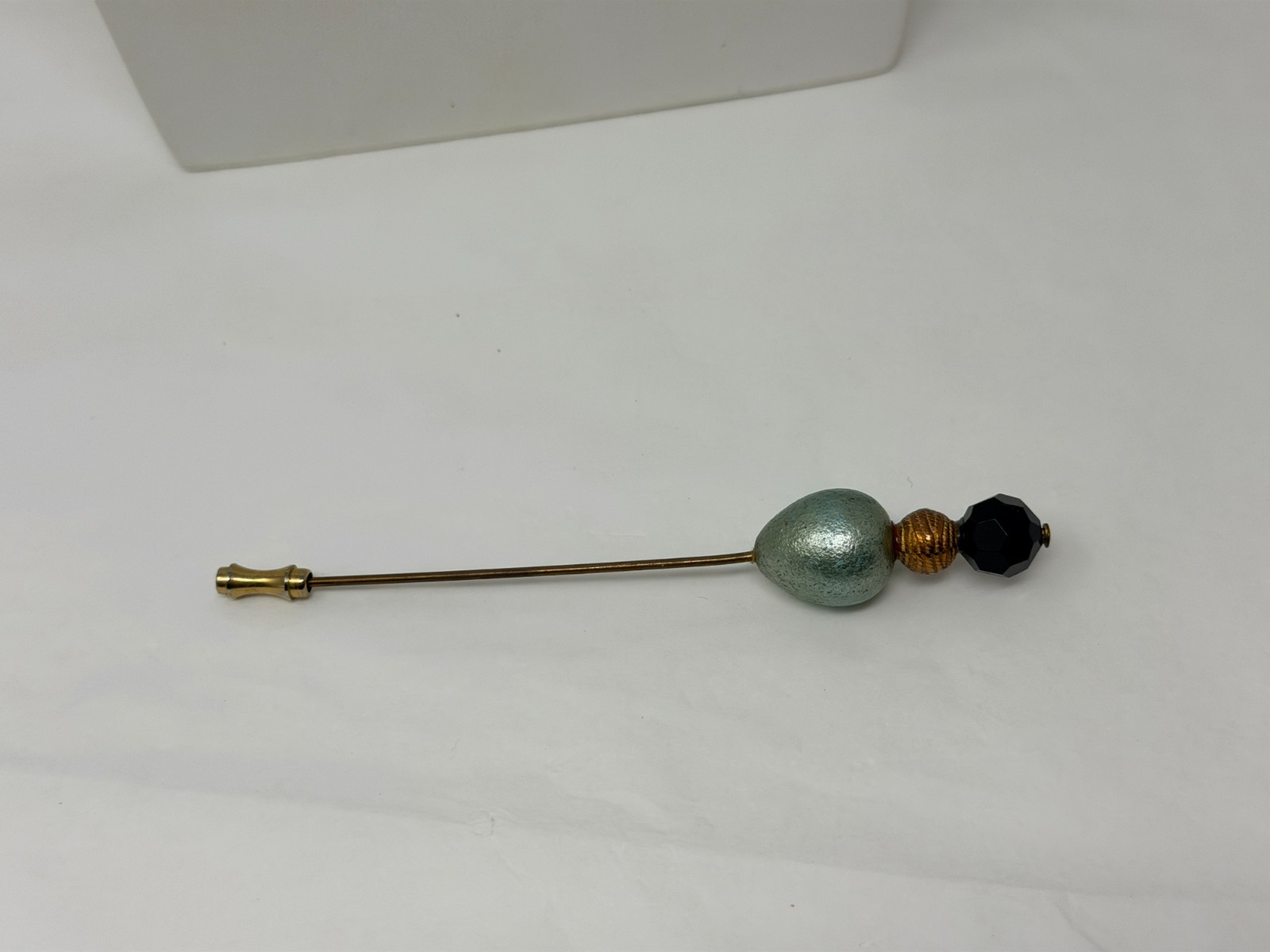 Vintage Gold Tone Light Teal Blue and Black Beaded 4-1/8” Long Hat Stick Pin