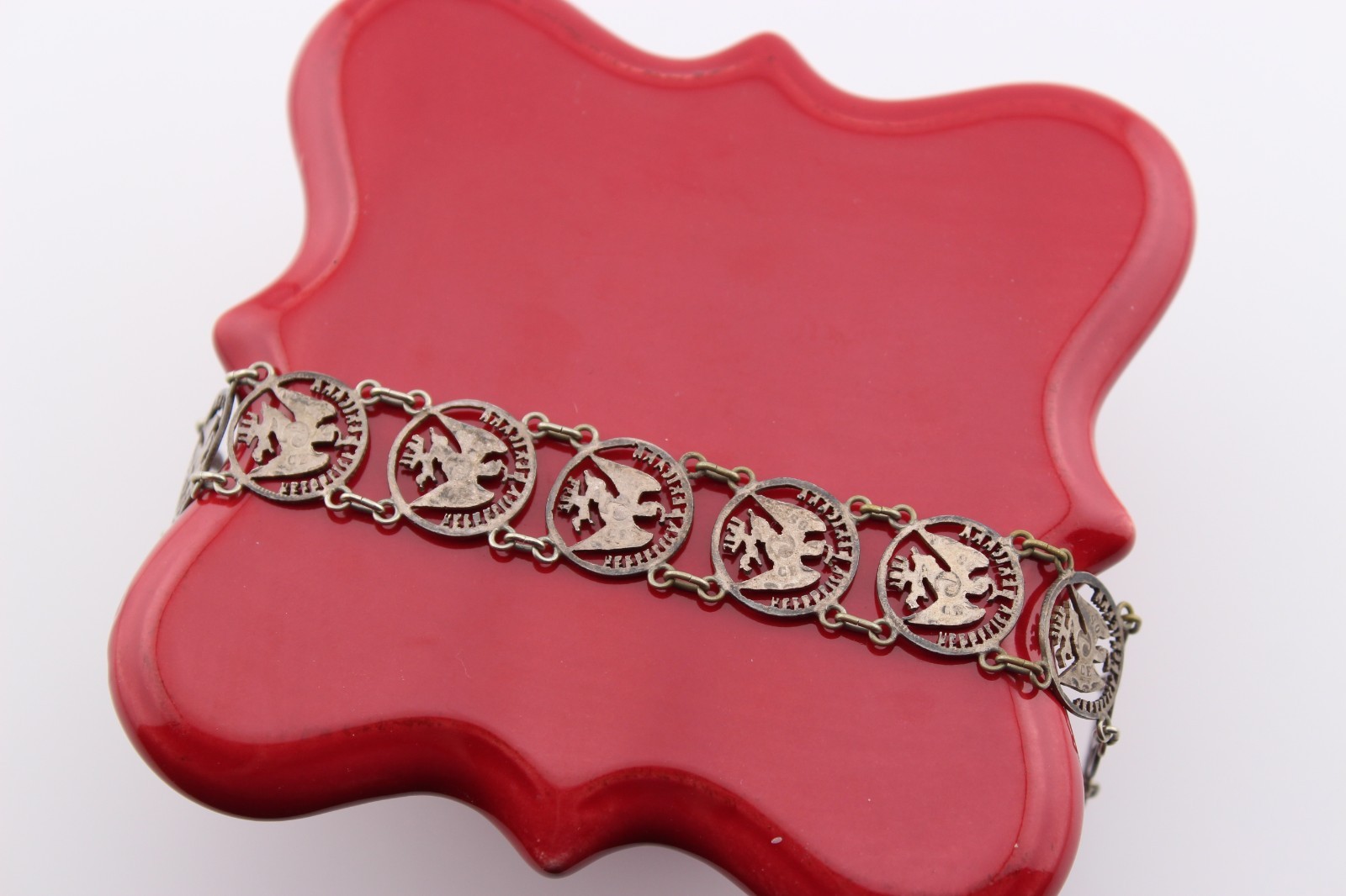 Antique 1880s silver Mexican Republic cut out coin panel bracelet 7.25″