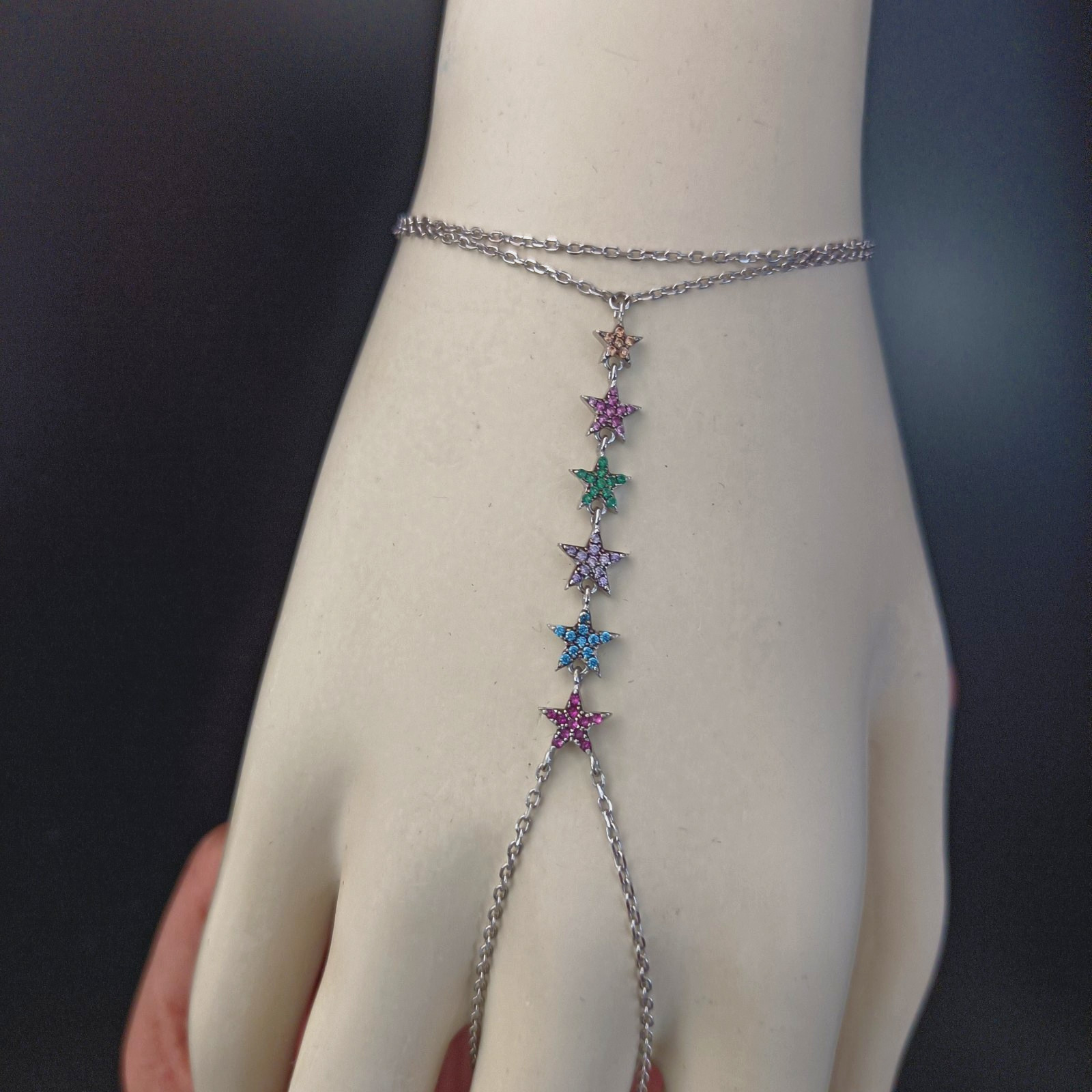 Hand Chain Bracelet Sterling Silver Slave Bracelet Ring Connected Stars Crystals