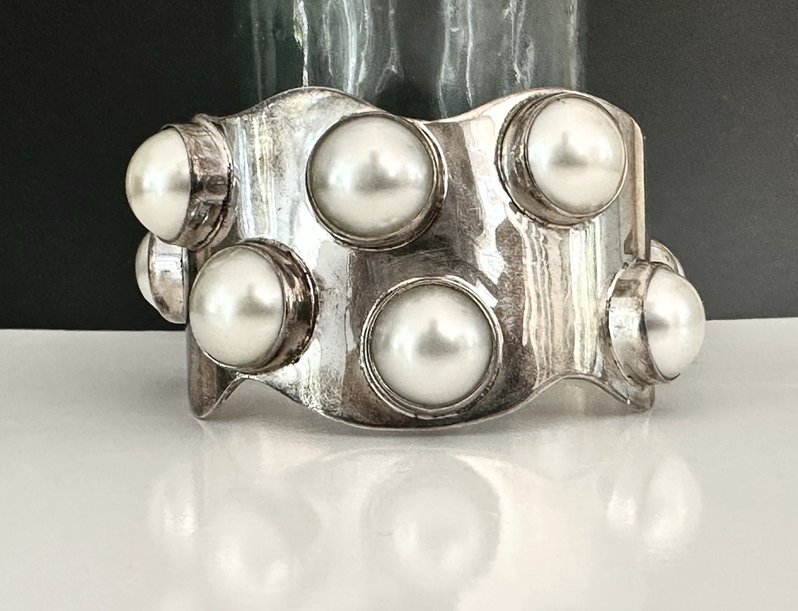 Mexico Southwest Sterling Silver Bracelet Pearl 925 Vintage Signed Modernist 77g