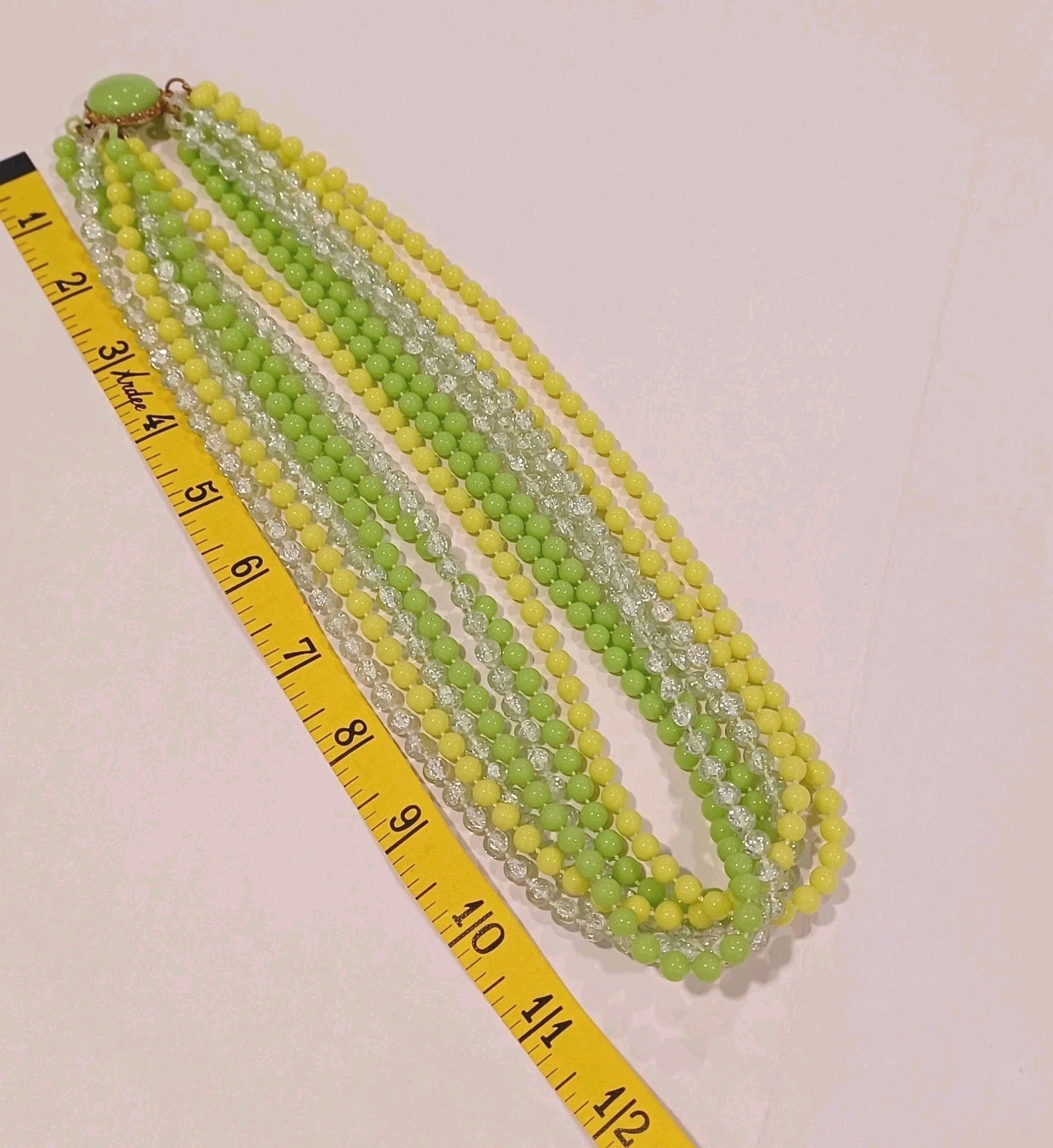 Vintage Multi Strand Lime Green Yellow And Clear Acrylic Beaded Necklace