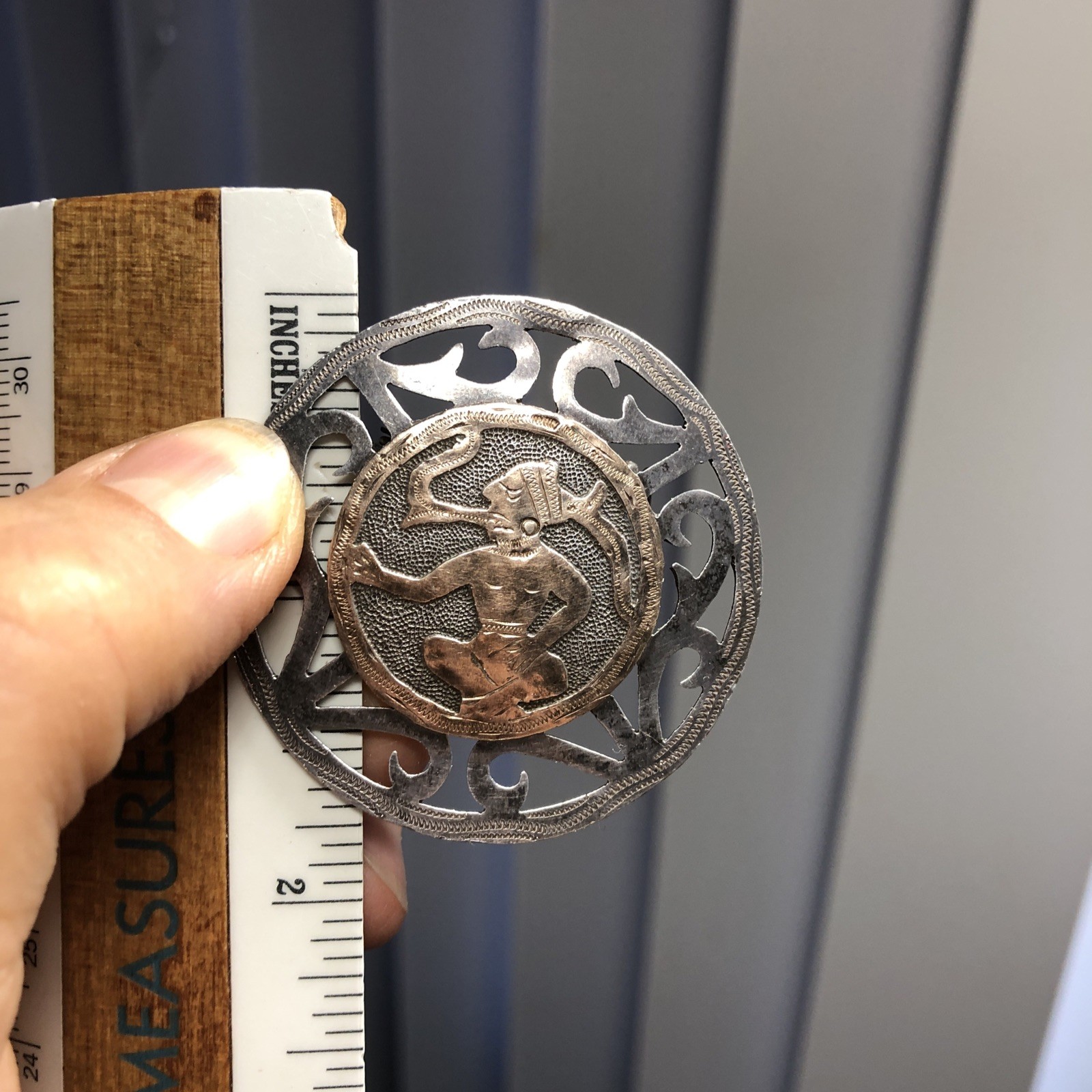 39. Vintage Old Tribal 925 Sterling Mayan Round Cut Out Pin Guatemala 45mm, 9g