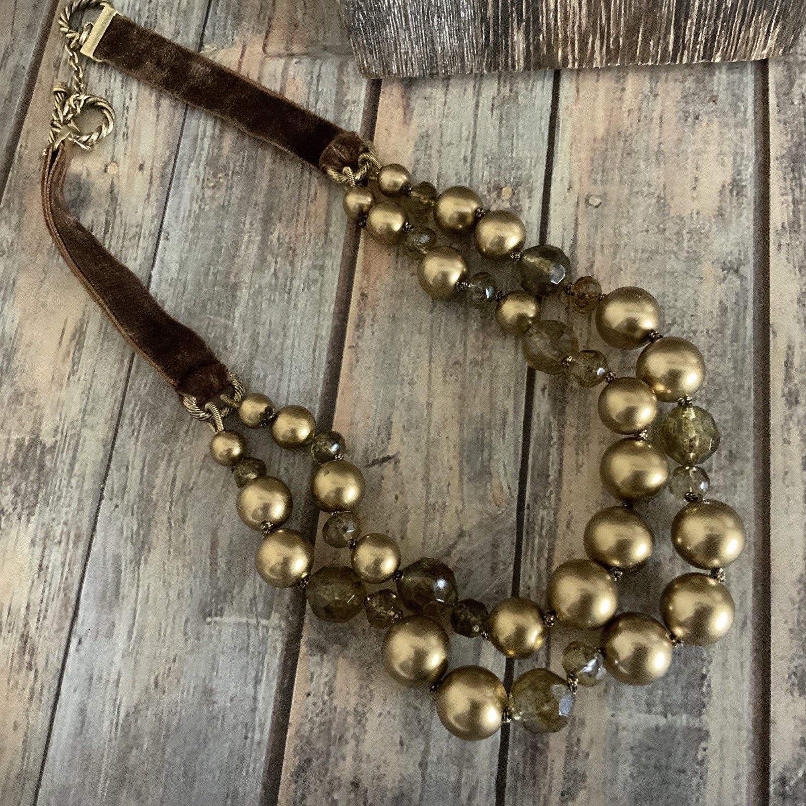Modern MONET brown green faux pearl double strand velvet ribbons necklace