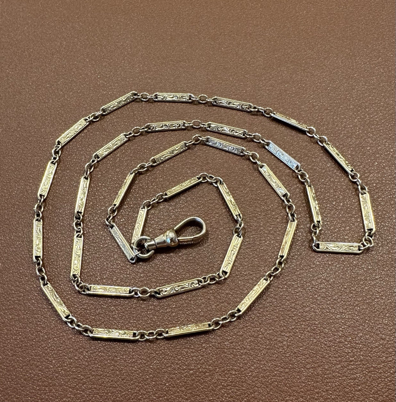 Antique Gold Filled 25″ Fancy Hand Engraved Bar Link Chain Necklace w/ Dog Clip
