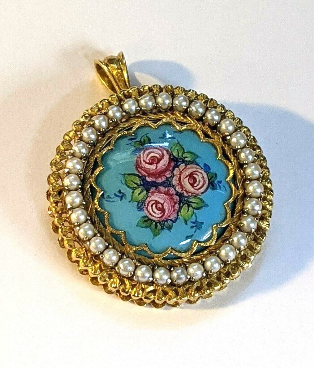 18K 750 Solid Yellow Gold Painted Roses w/ Pearls Brooch Pendant (16.45g) 1.25″