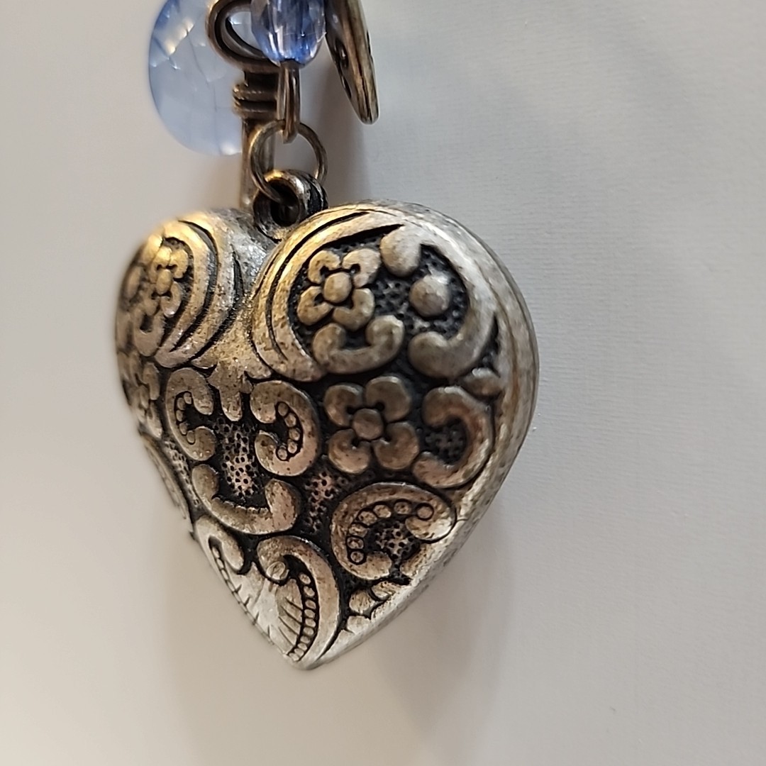 Vintage Style Silver Tone 12″ Necklace With Puffed Heart & Charms ~ Lobster Claw