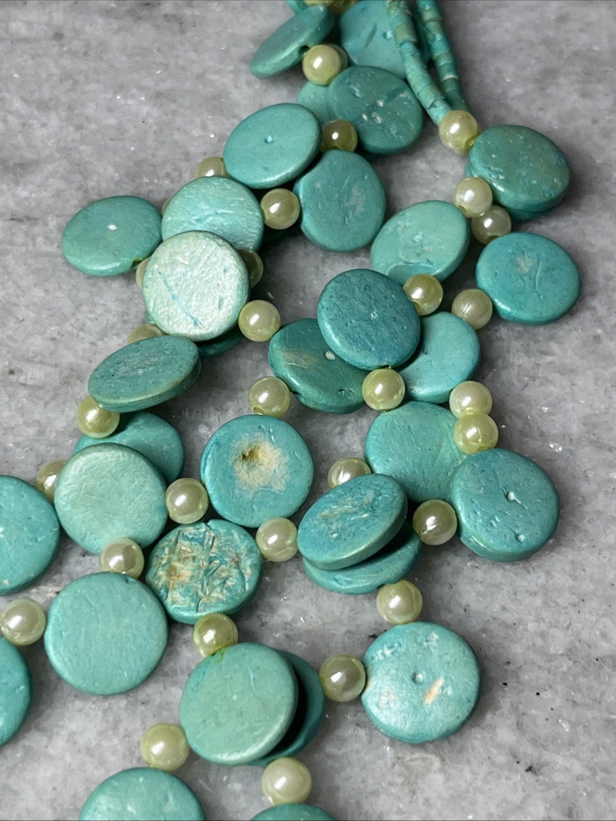 Turquoise Tone Cascade Necklace 4 Strand Layered Discs Beaded Faux Pearl Jewelry