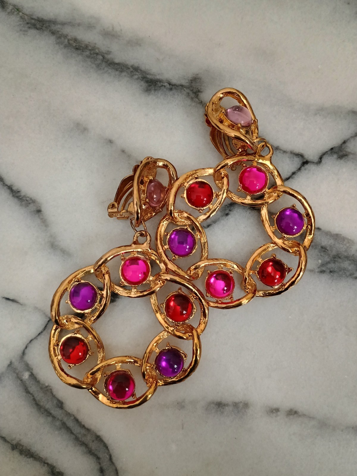 Vintage 90s St. John Earrings Signed Chunky Gold Pinks Purples Reds Cabochon