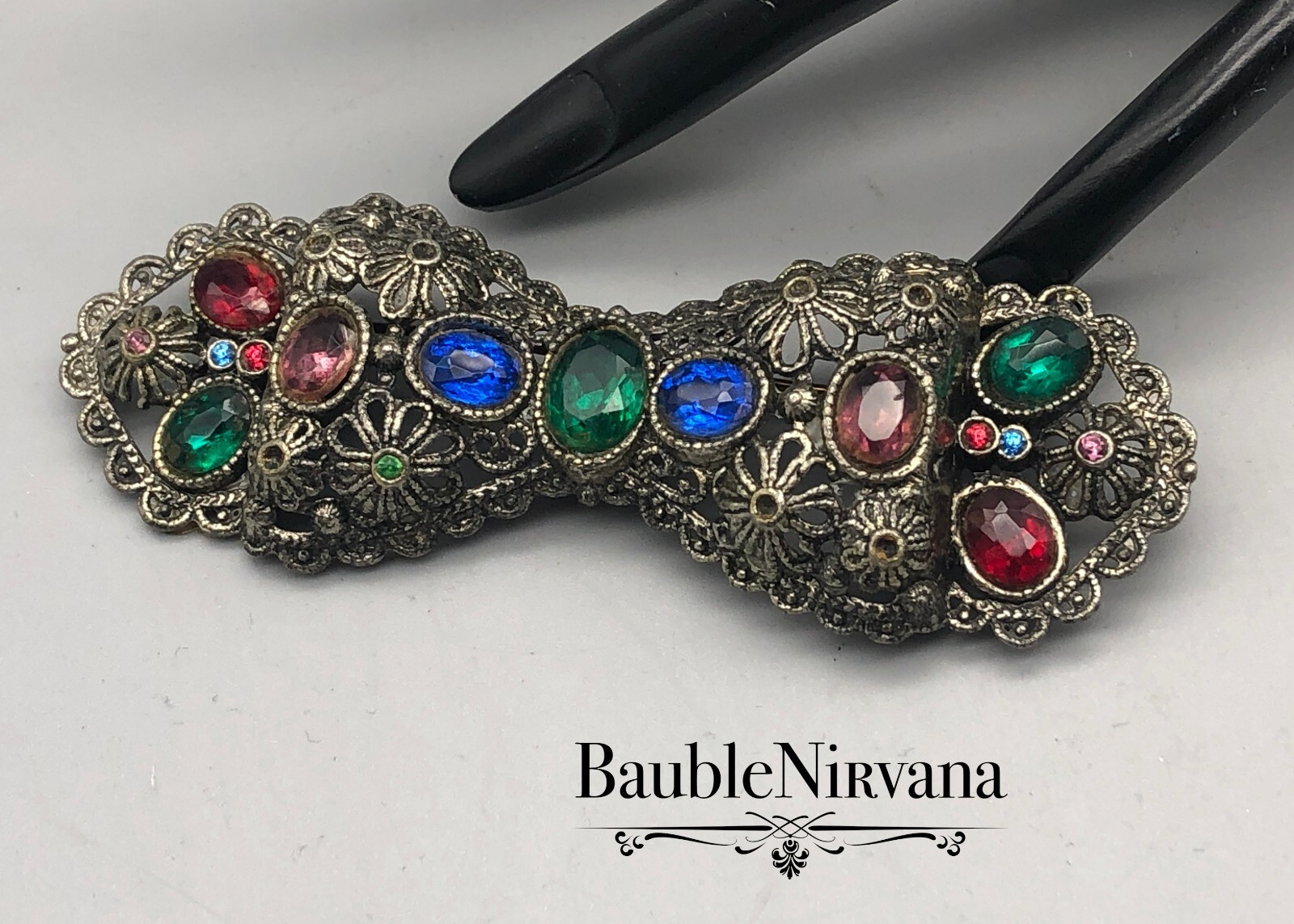 Vintage Silver Flowers Filigree Multi Color Jeweled Glass Stones Bow Pin Brooch