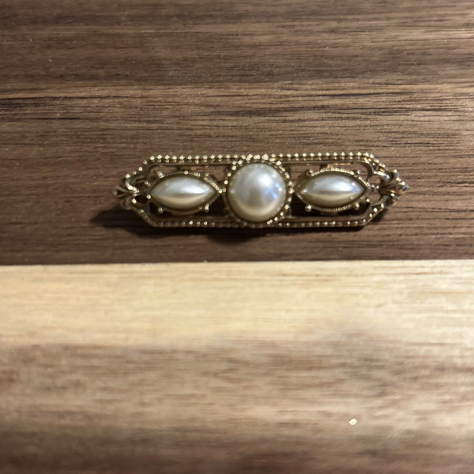 Vintage Faux Pearl and Gold Tone Pin Brooch About 1 3/4 Inches Long