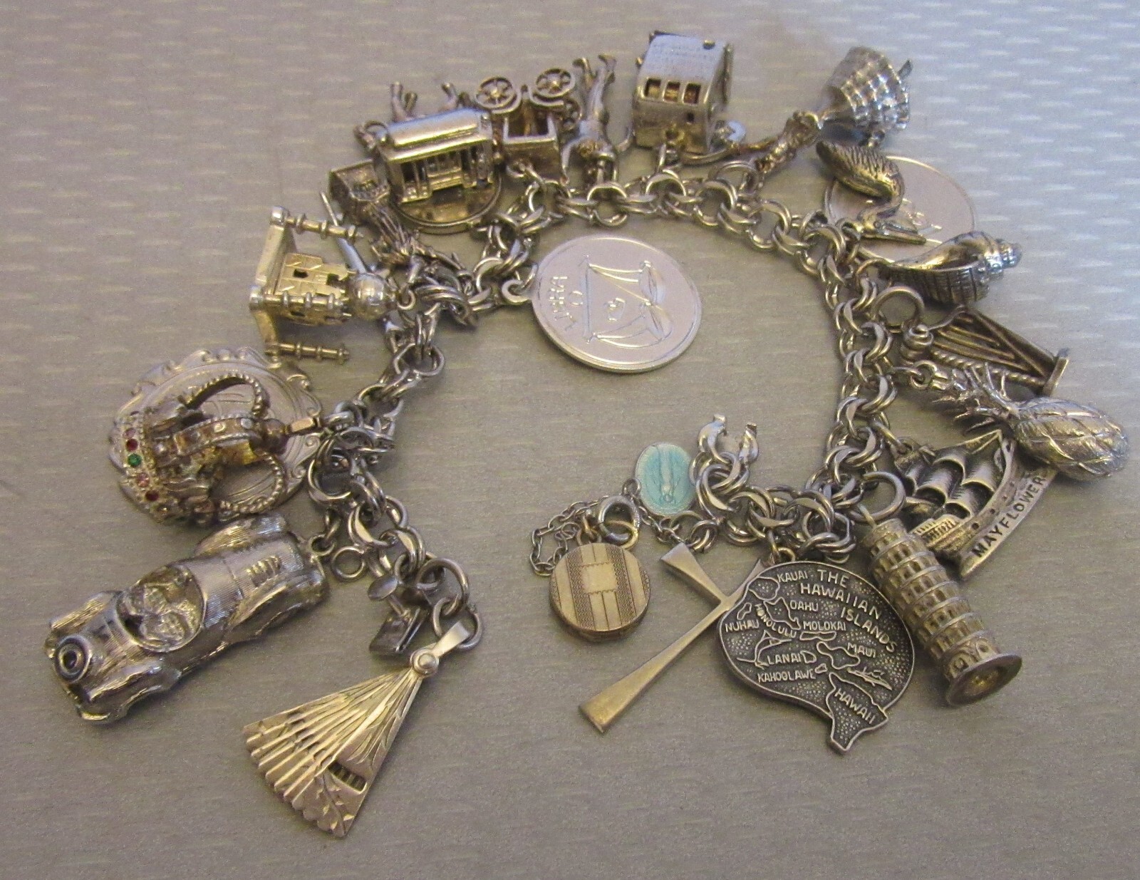 Vintage Sterling Silver Charm Bracelet Loaded 24P Buildings Travel 3D Full 92g