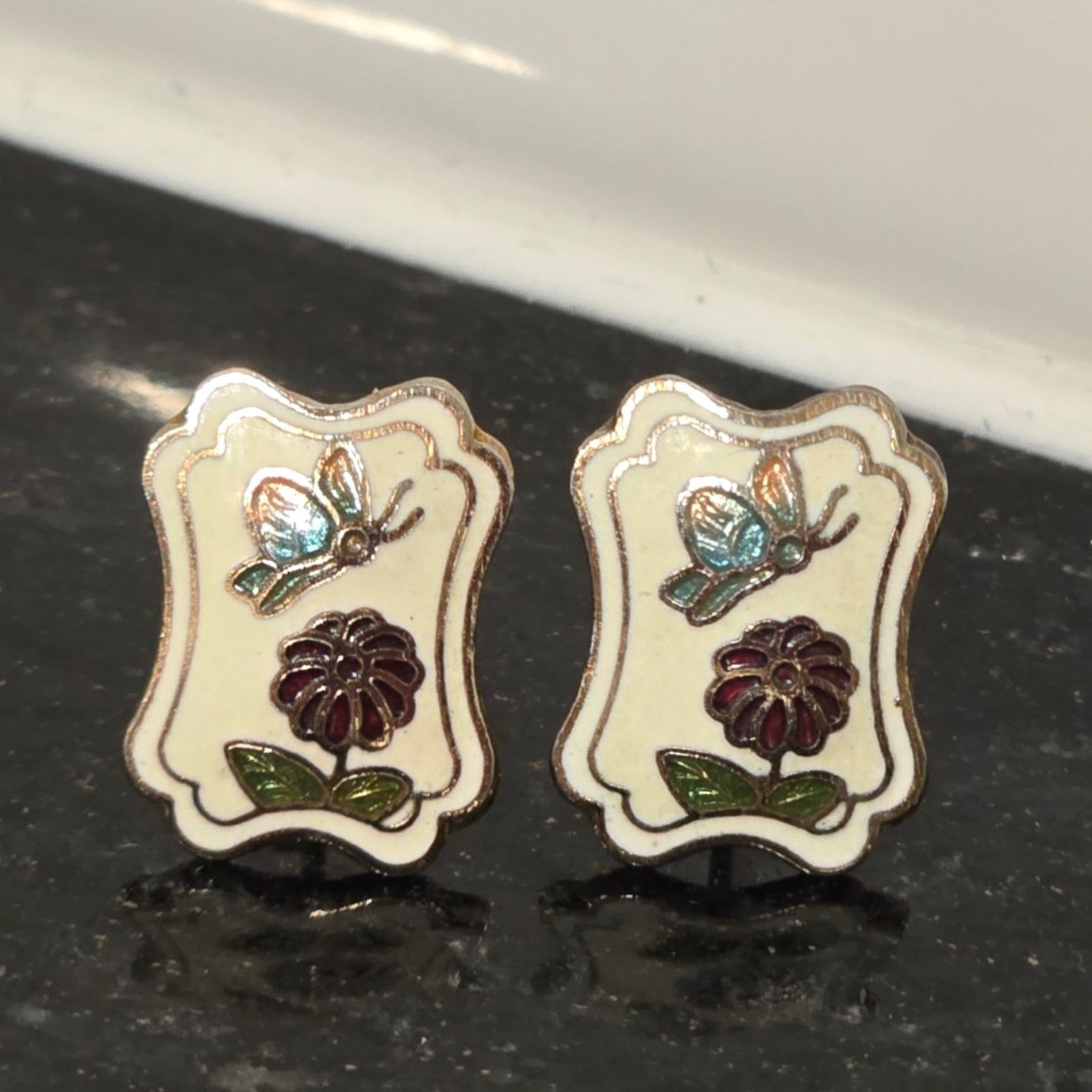 Vintage Cloisonné Butterfly Floral Earrings Garden Jewelry Enamel Summer Spring