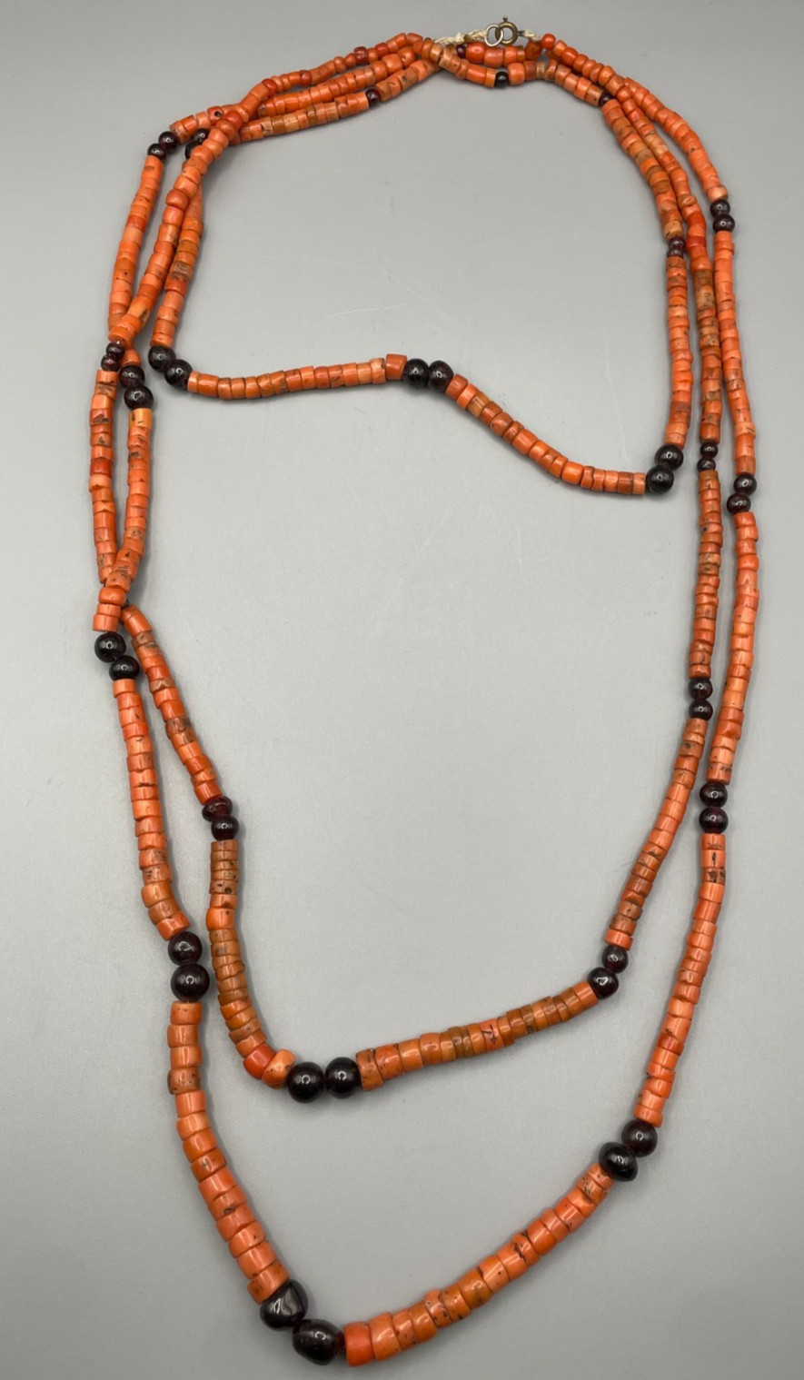 Antique 3-Strand Natural Coral Necklace with Genuine Coral & Black Stone 118 gr
