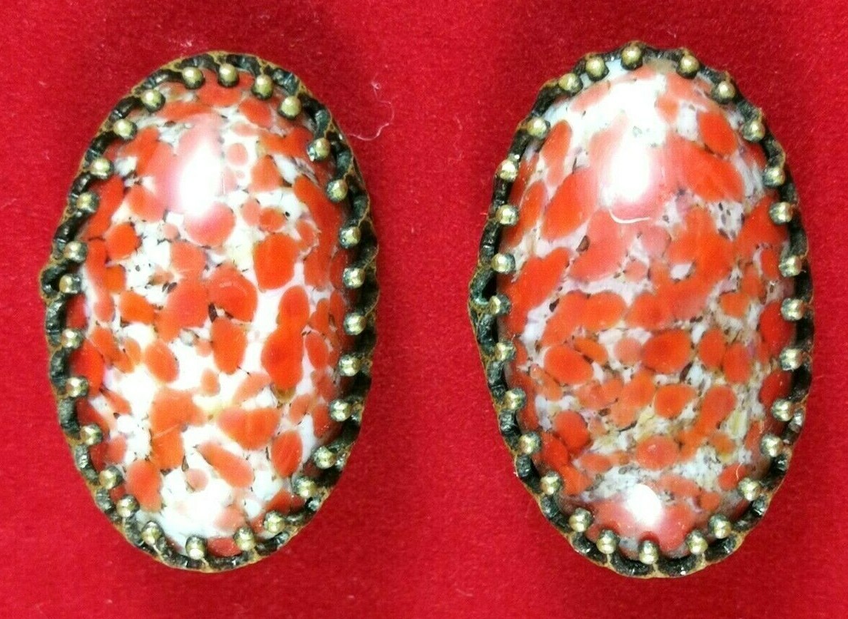 Vintage Czech Earrings Red Art Deco Glass Crystals Bohemian Art Glass Cabochon