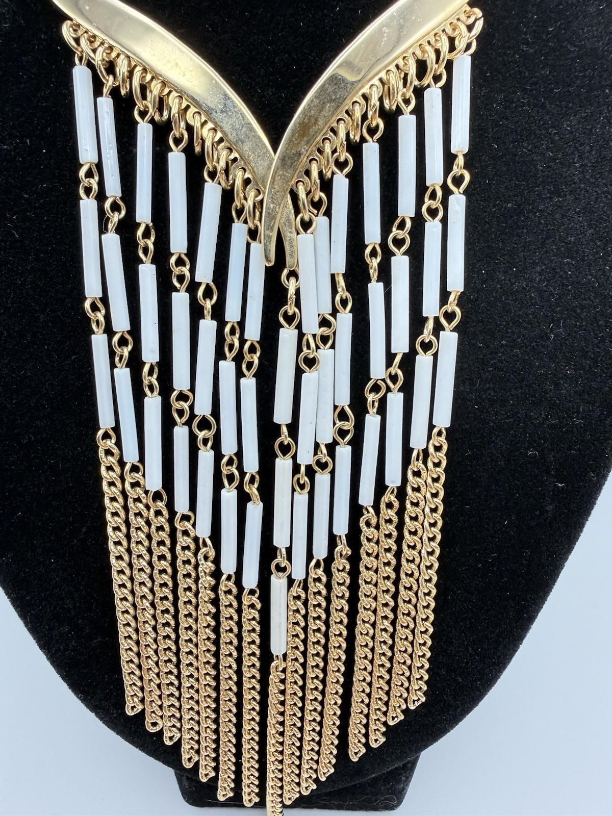 Vintage Beaded Waterfall Fringe Statement Bib Necklace Gold Tone