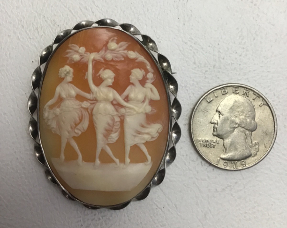 Vtg Cameo Sterling Three Graces Muses Brooch Pin Filigree Rare