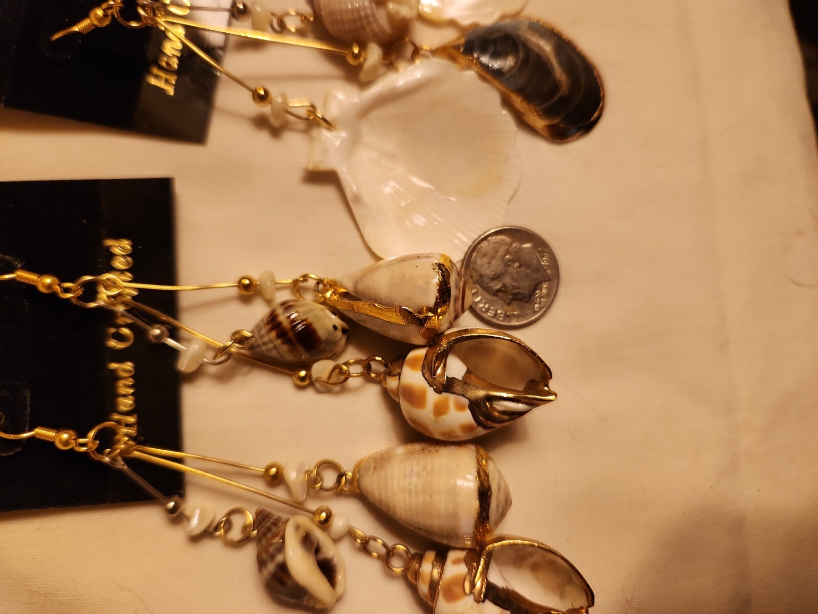 Vtg Sea shell gold trim foil natural estate Dangle Earrings 4″ Jewelry Lot of 2