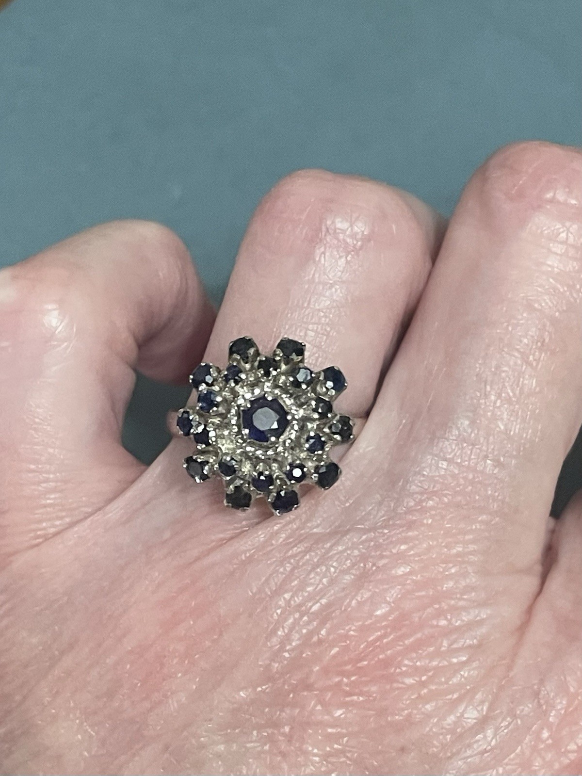 Ring Sterling Silver Sapphire Cluster/Dome Deep Blue Vintage Floral Size 7.25