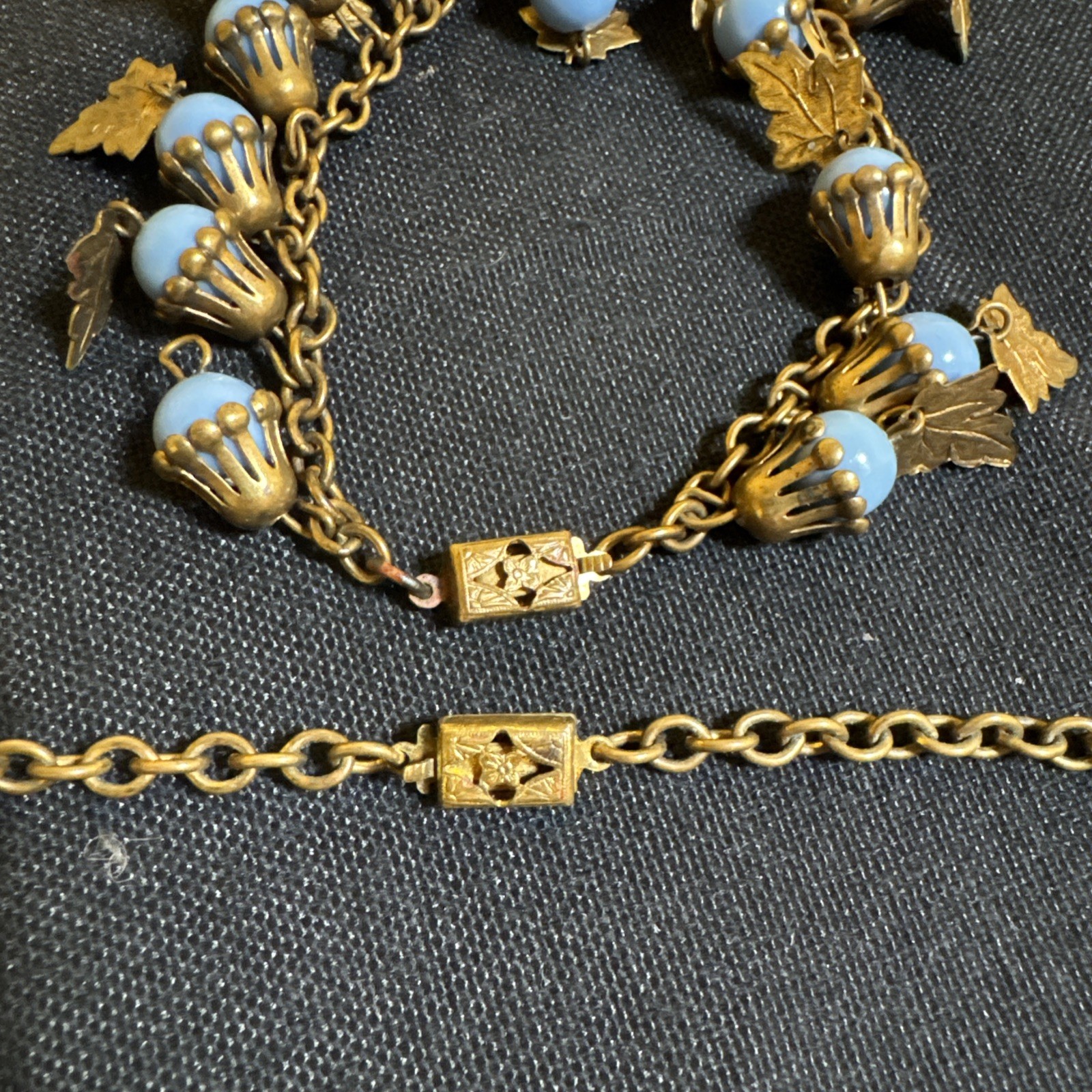 Vintage Flower-like Capped Blue Celluloid Balls w/ Leaves Necklace & Bracelet