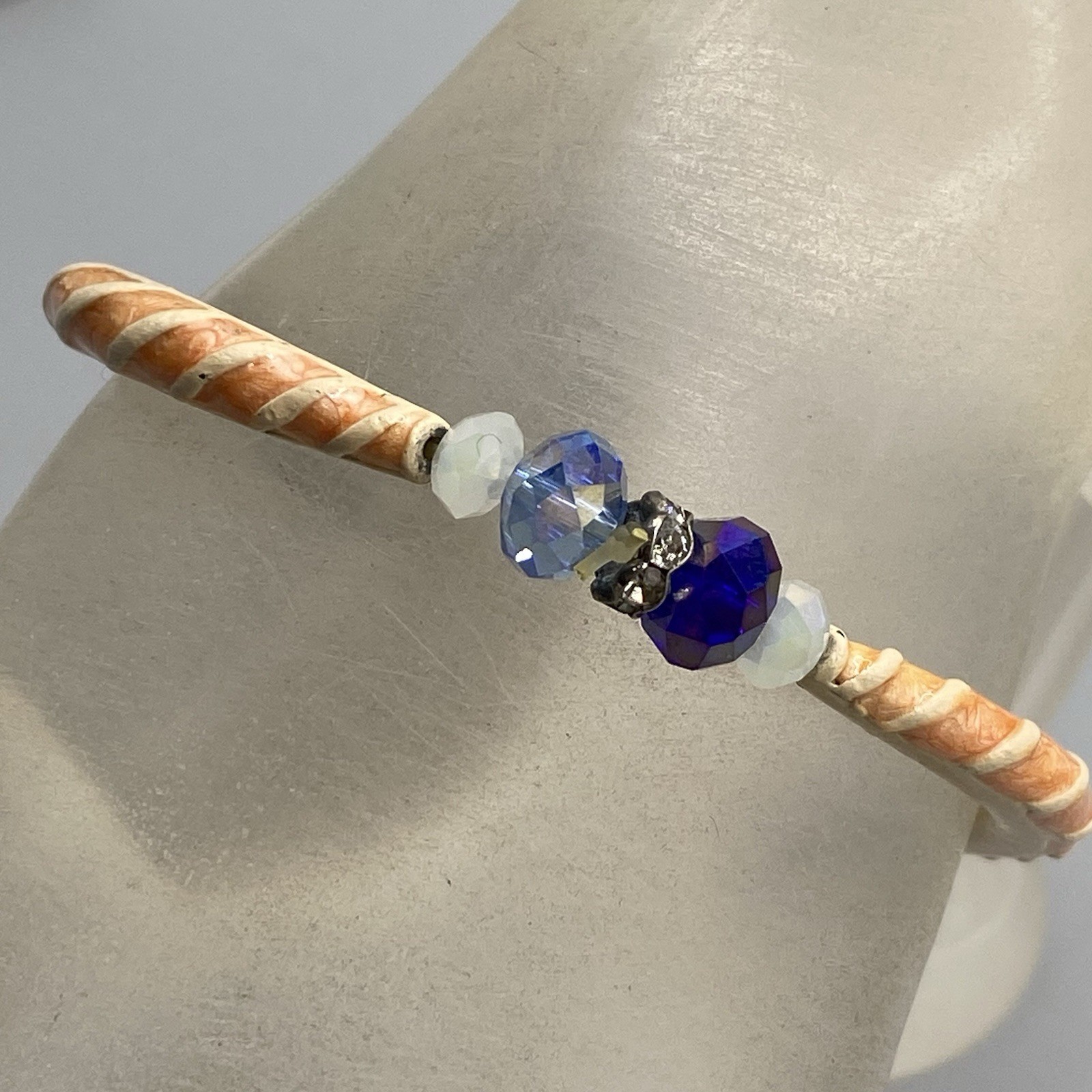 Glass Beaded Bracelet Blue Faceted Fire Polished Cream Tube White Givre Fused 6″