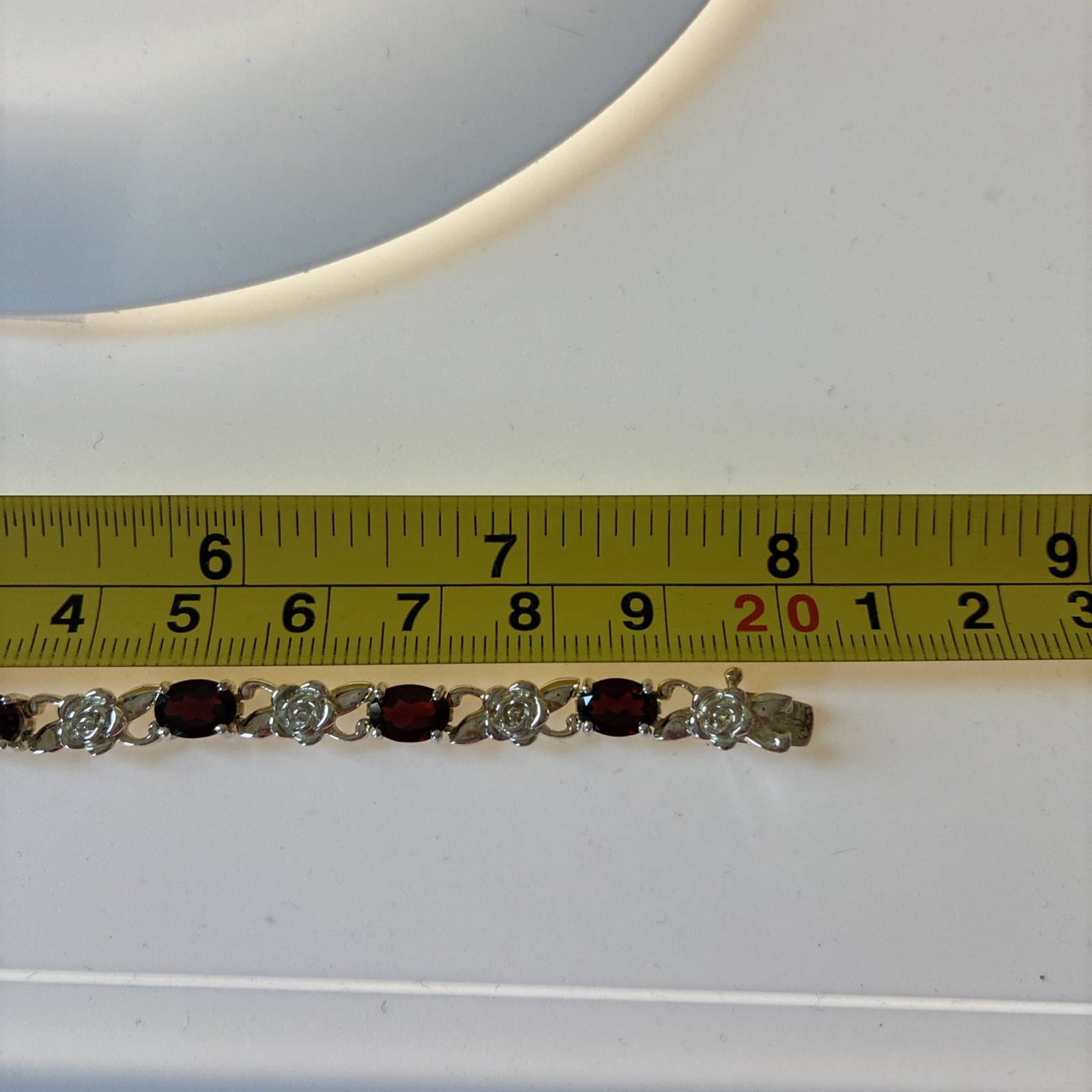 Vintage 925 Sterling Silver Red Garnet Gemstone Floral Link Bracelet