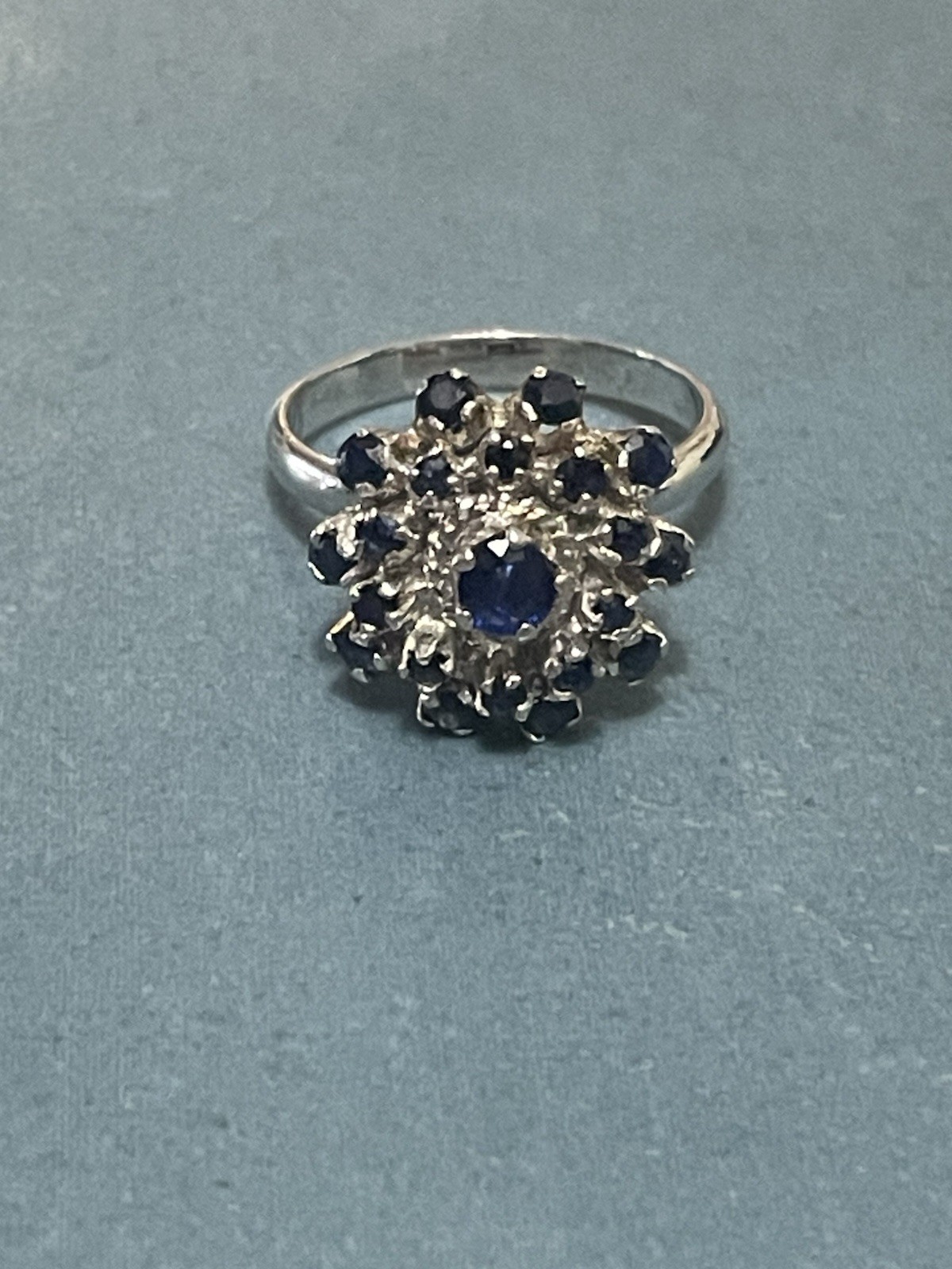 Ring Sterling Silver Sapphire Cluster/Dome Deep Blue Vintage Floral Size 7.25